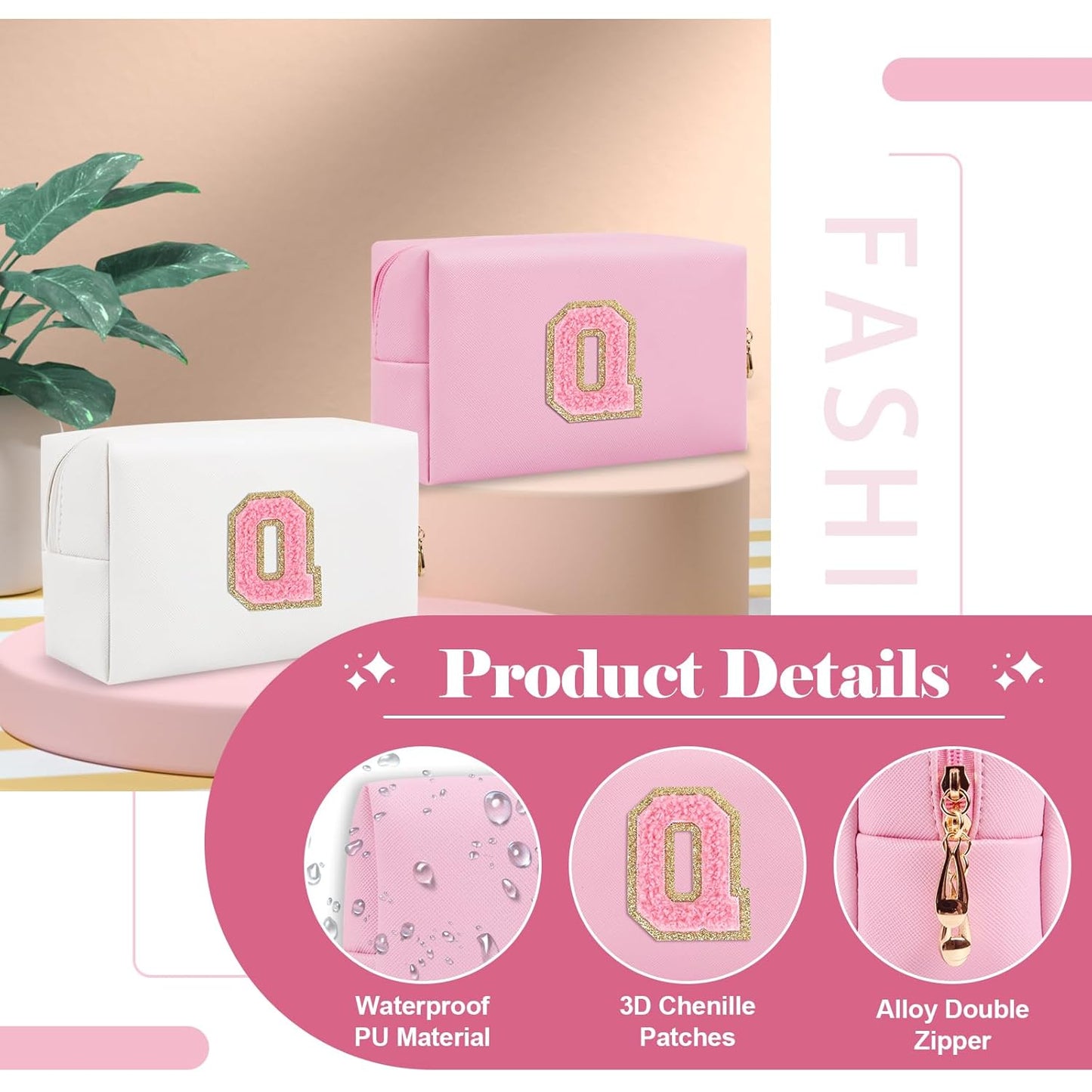 Personalized Initial A-Z Preppy Patch Makeup Bag,Small PU Leather Chenille Letter Cosmetic Bag with Zipper for Teen Girls,Pink Cute Travel Toiletry Bag,Birthday Monogrammed Gift for Daughter,Letter Q