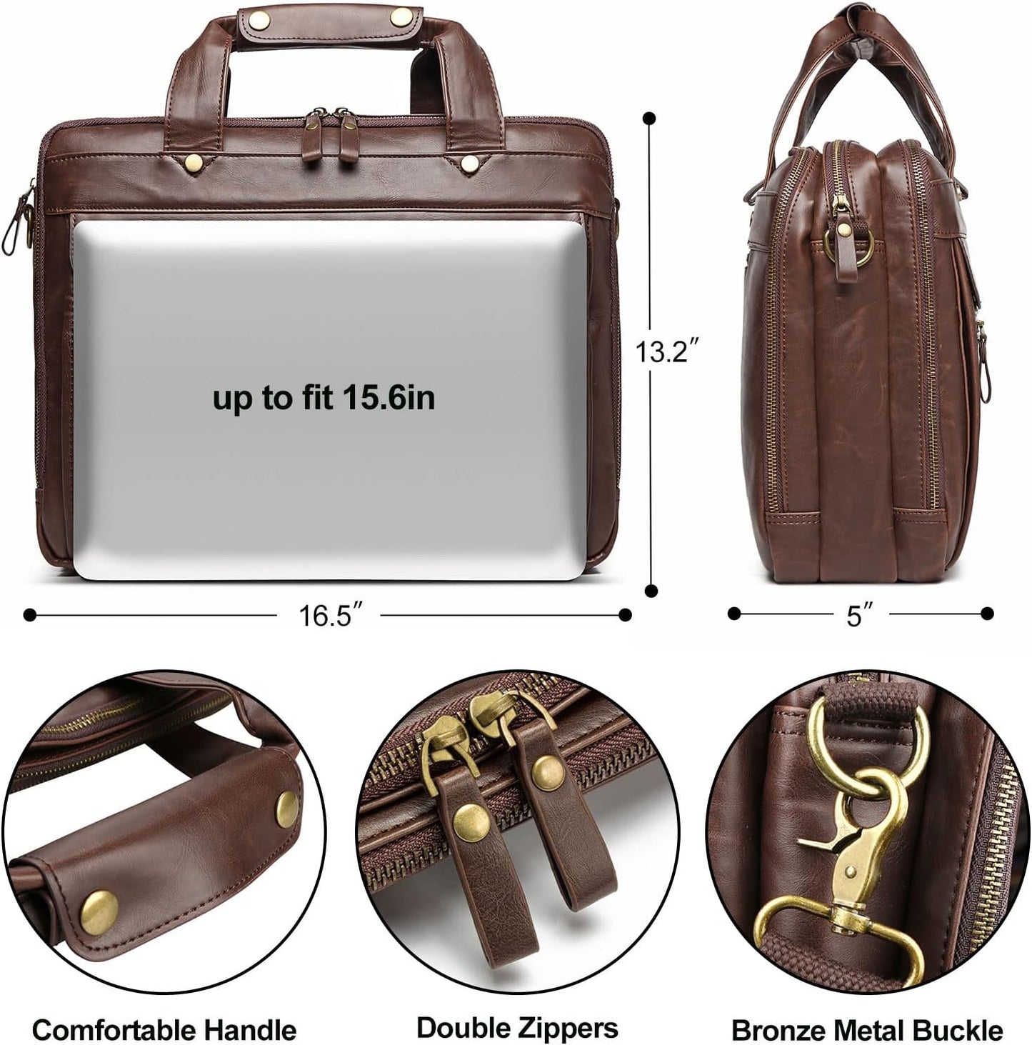 Bosidu Leather Briefcases for Men 15.6 Inch Laptop Messenger Bag with Triple Compartments Water-Resistant Computer Shoulder Bag for Business, Travel, Work, Office, Brown
