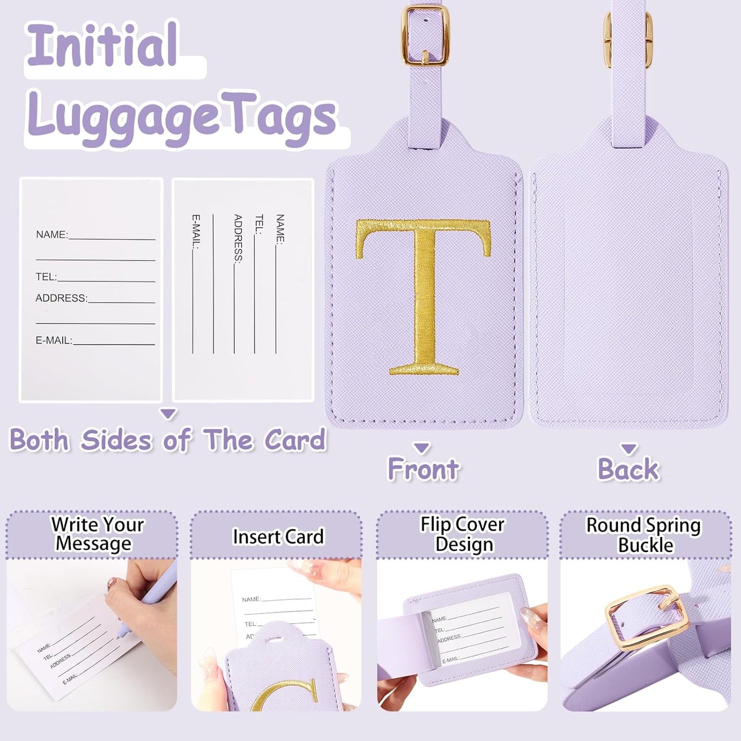 Initial Letter Luggage Tag for Suitcase, Cute Luggage Bag, Waterproof PU Leather Travel Luggage Tag, Suitcase Identifier Name Tag, Monogrammed Suitcases Tags, Bag Tags for Handbags(Purple T)