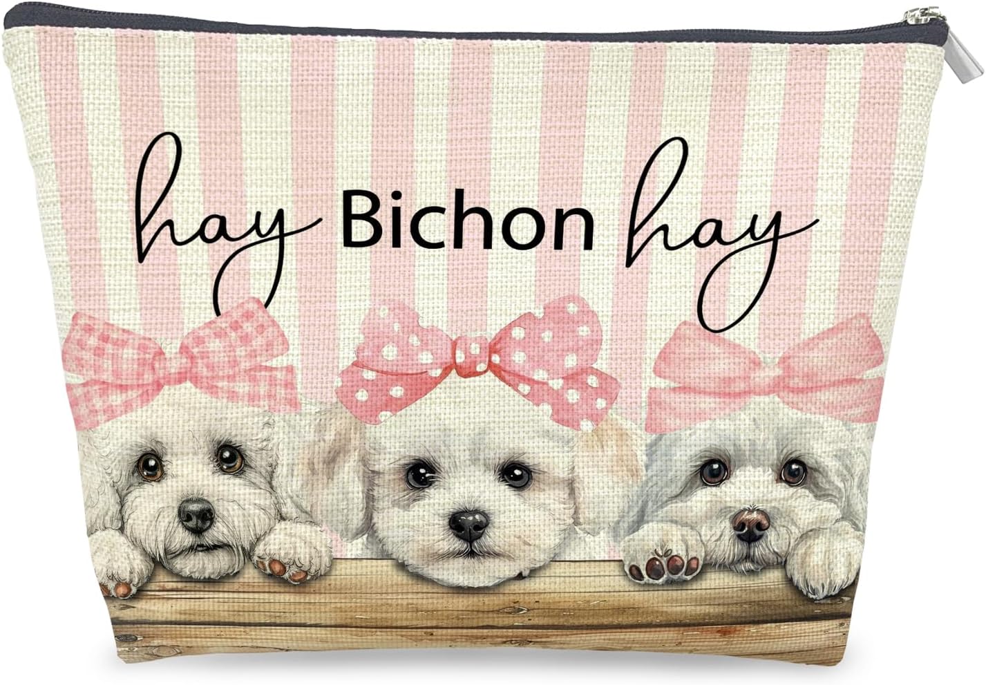 Coquette Pink Bow Bichon Frise Makeup Bag Gifts for Women, Preppy Bichon Cosmetic Bag, Girly Cute