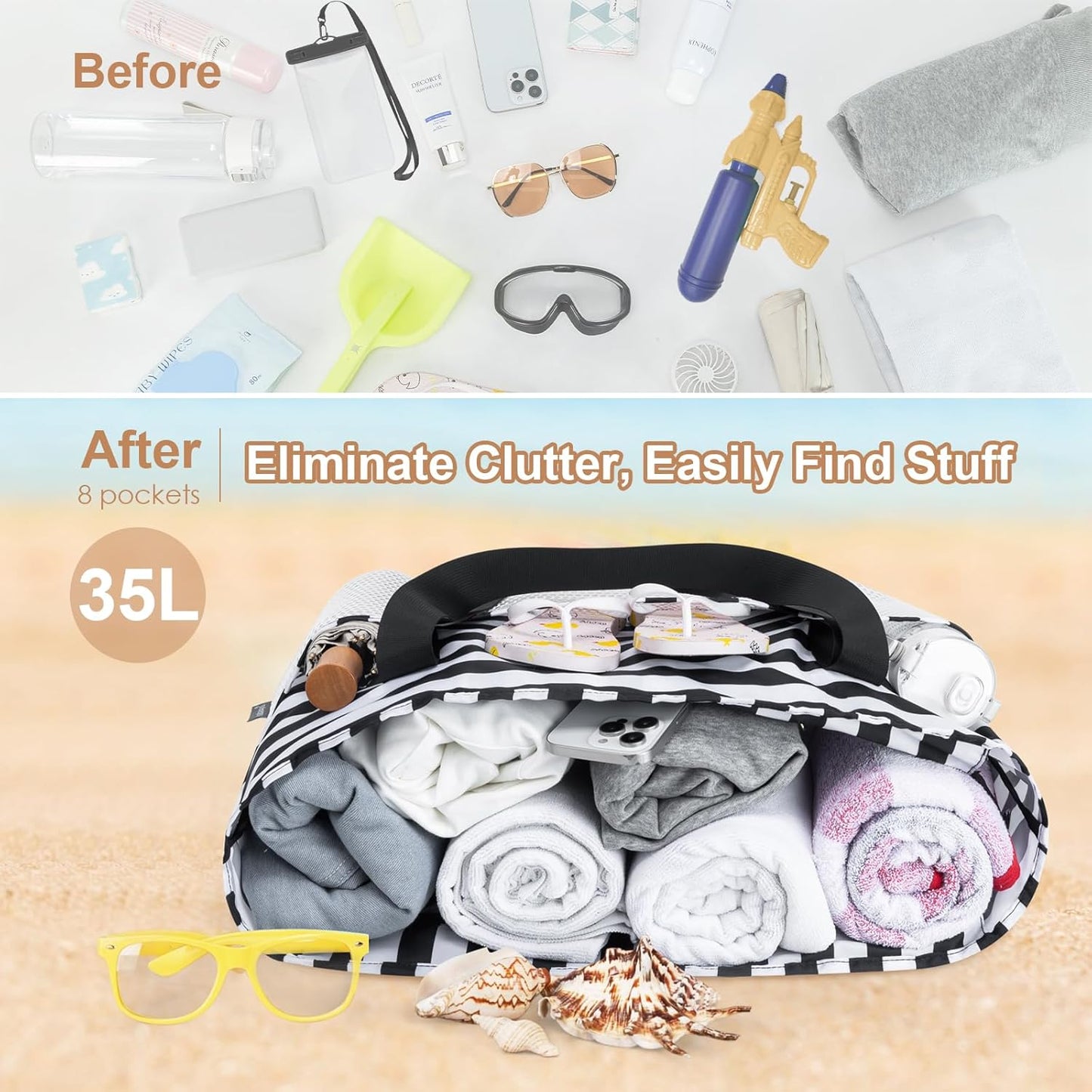 KABAQOO Large Beach Bag Waterproof Sandproof Tote Bag for Women with Zipper & Mesh Pockets for Pool Swim Travel Everyday