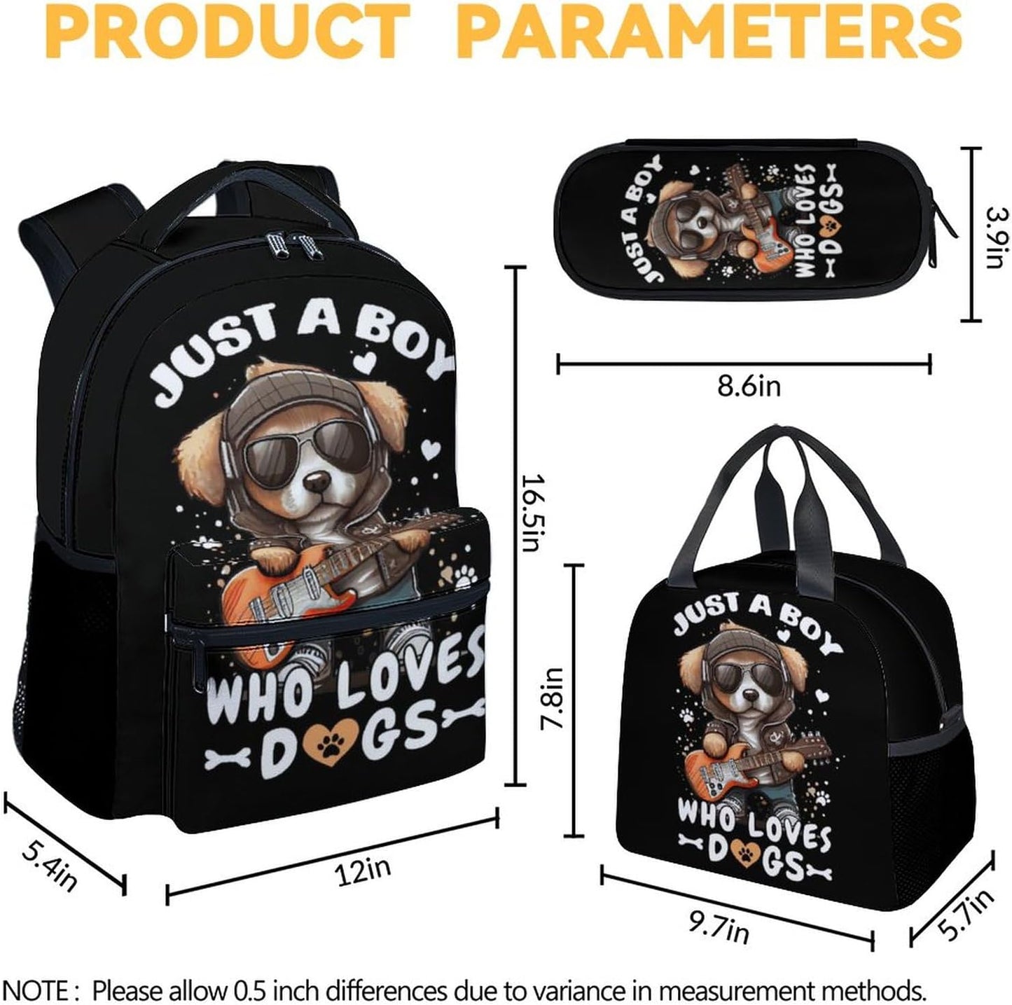 Dog Backpack with Lunch Box, Set of 3 School Backpacks Matching Combo, Cute Black Bookbag and Pencil Case Bundle