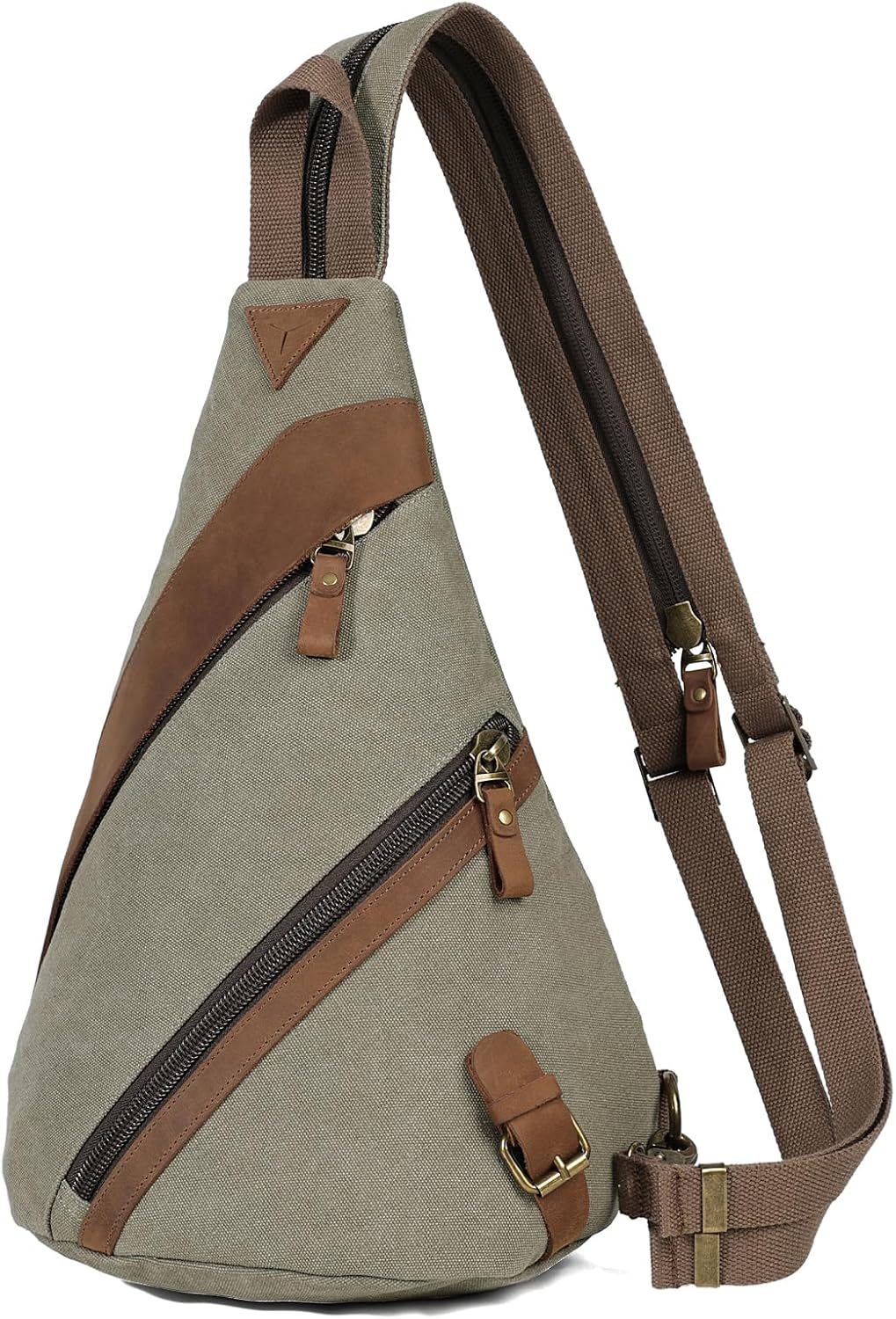 KL928 Canvas Sling Bag for Men Women, Genuine Leather Design Shoulder Crossbody Bags Backpacks Travel Daypack with Earphone Hole Rucksack, Olive Green