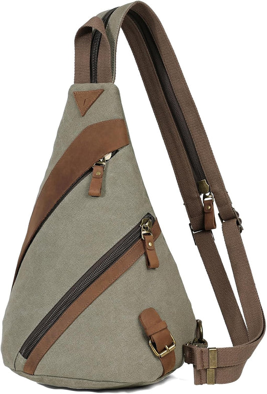 KL928 Canvas Sling Bag for Men Women, Genuine Leather Design Shoulder Crossbody Bags Backpacks Travel Daypack with Earphone Hole Rucksack, Olive Green