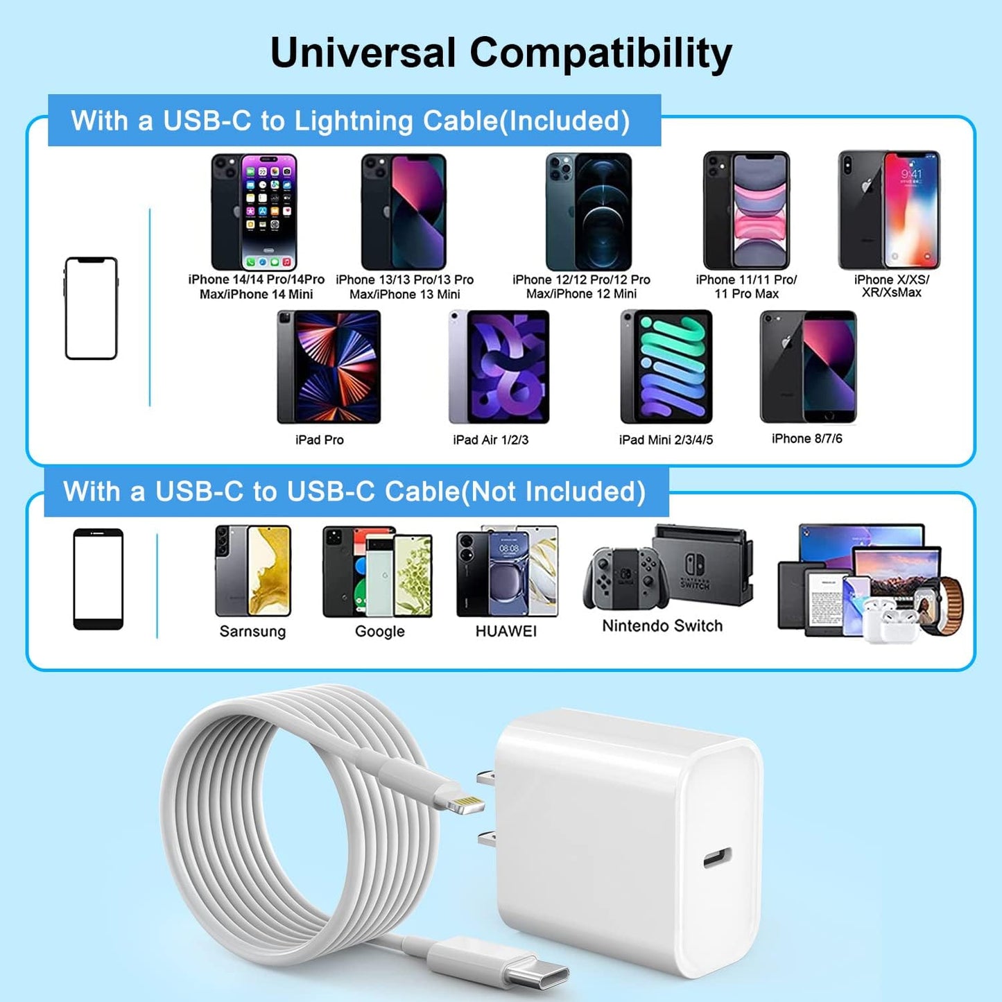 Fast iPhone Charger, Quick 10Foot USBC Wall Charger Phone Charge 2Pack PD USB C Fast Charge Block + Long 10FT Lightning Fast Charging Cable for iPhone 14/Pro/Pro Max/Plus/13/12/11/XS/XR/X/SE2022/iPad