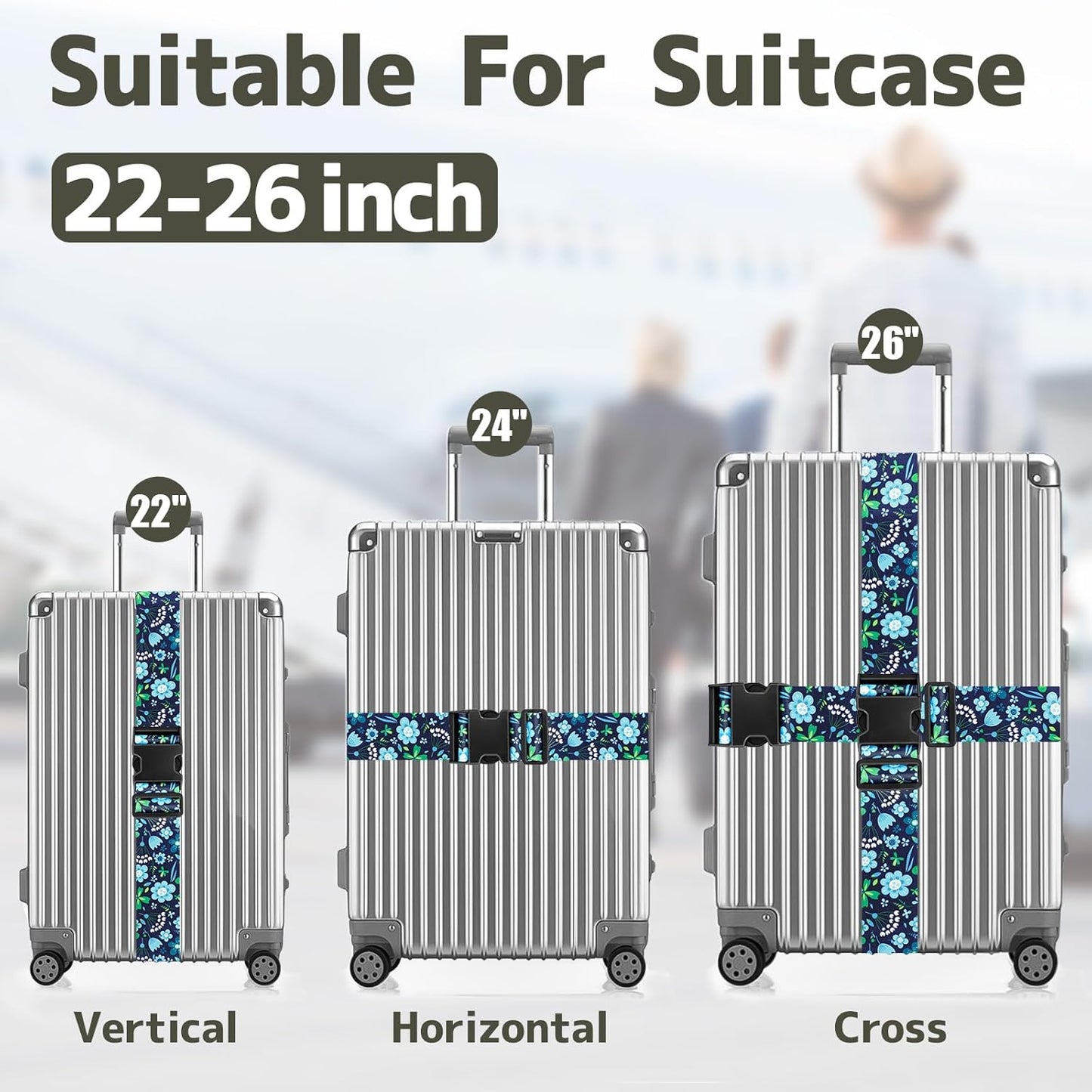 BILIONE Vibrant Flowers-Pattern Luggage Straps for Suitcases, Travel Belt Accessories Luggage Identifiers Adjustable Nylon Suitcase Belts for Travel 2 Pack (Blue Flowers)