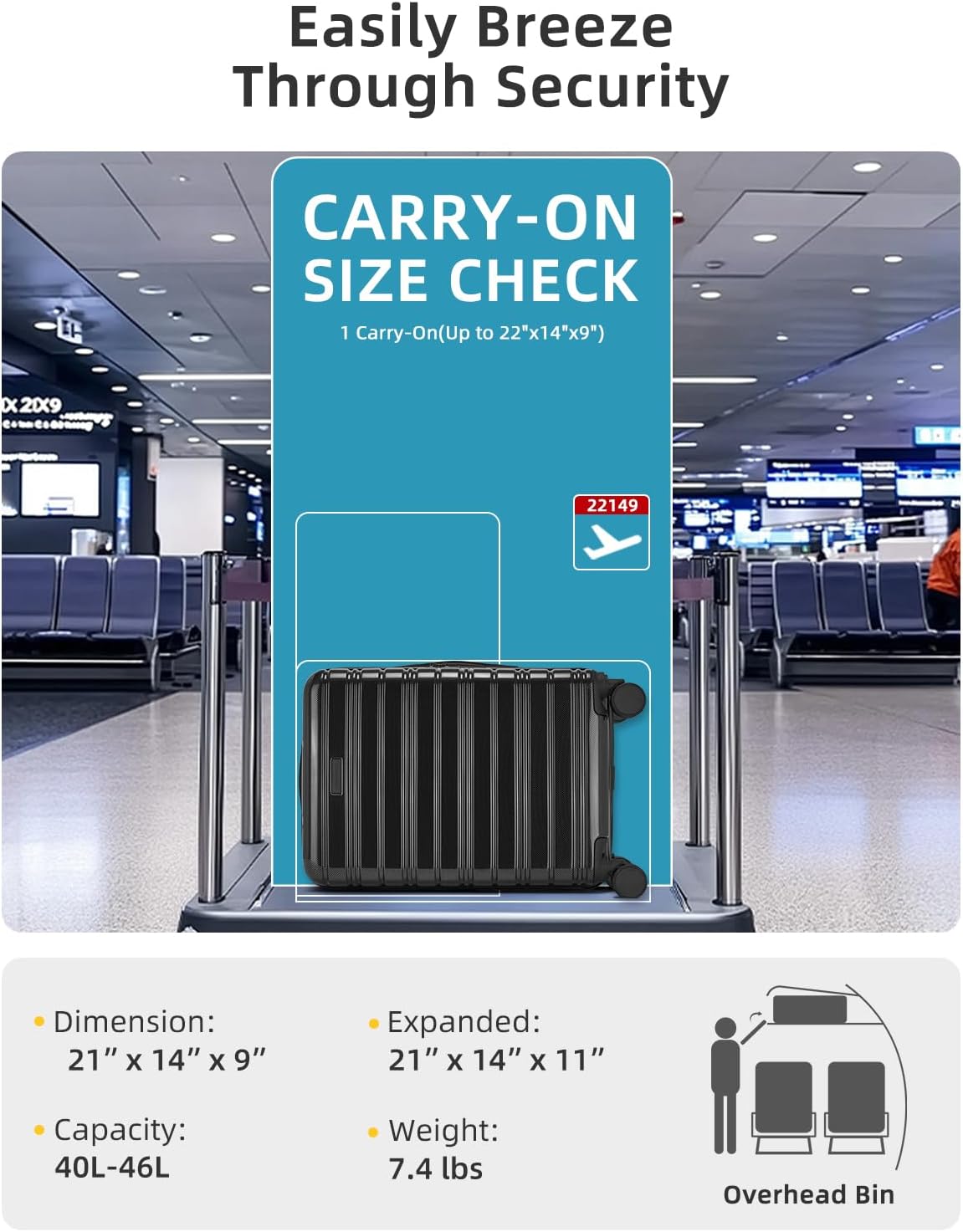 LARVENDER Carry On Luggage 22x14x9 Airline Approved, 20 Inch Expandable PC+ABS Hardside Carry On Luggage with Front Pocket Spinner Wheels TSA Lock for Women Men (Black)