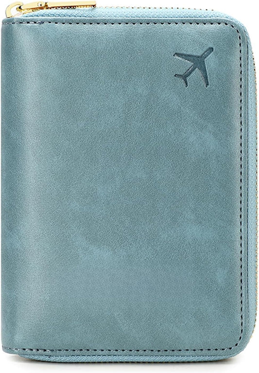 Genuine Leather Wallet Unisex Zipper Passport Holder RFID Blocking Waterproof - Vintage Travel Wallet (Light blue)
