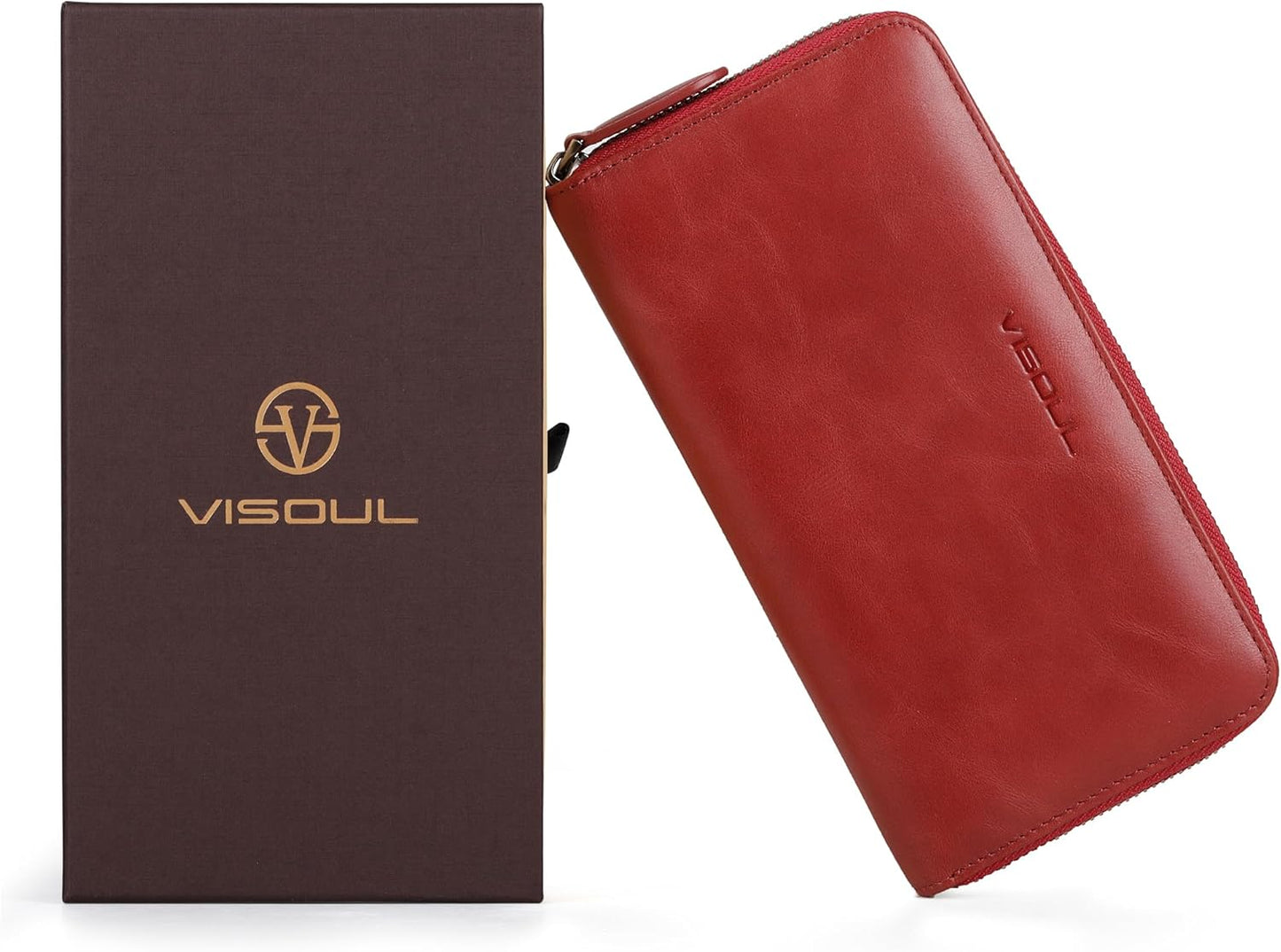 VISOUL Leather Long Zipper Pouch Wallet for Men and Women with RFID Blocking, Large Clutch Cash Long Wallet with Zipper (Burgundy)