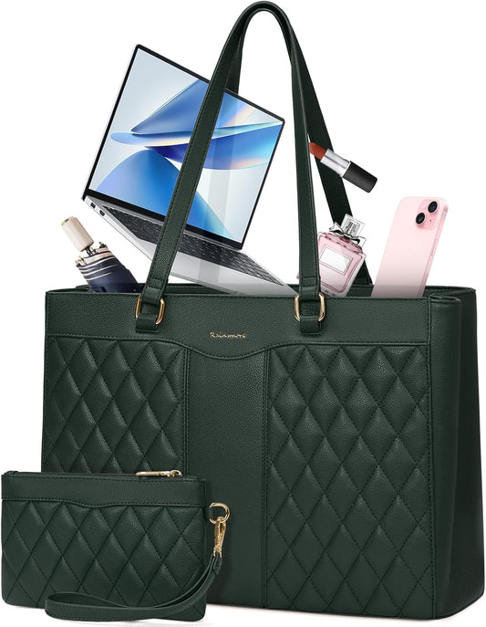 RAINSMORE Laptop Bag for Women 15.6 Inch Work Tote Bags Leather Laptop Tote Professional Laptop Purse Computer Handbag Womens Briefcase Tote with Clutch for Teacher Office Travel, Dark Green