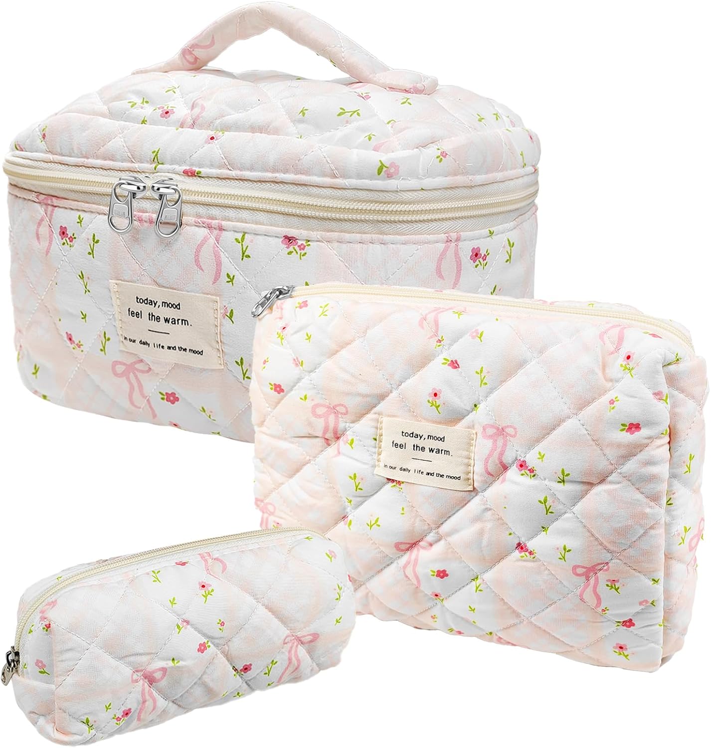 Quilted Makeup Bag, Large Capacity Travel Cosmetic Bag for Women and Girls, Aesthetic Storage for Daily and Travel Use (3pcs-overbowfloral)