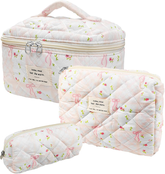 Quilted Makeup Bag, Large Capacity Travel Cosmetic Bag for Women and Girls, Aesthetic Storage for Daily and Travel Use (3pcs-overbowfloral)