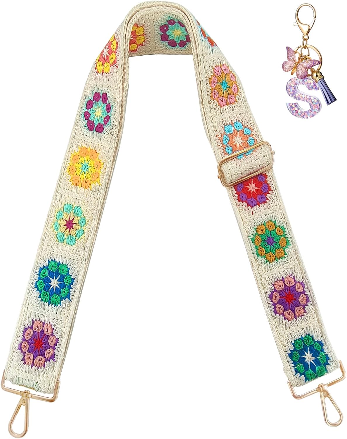 Embroidery Flower Purse Strap Replacement Crossbody 2 Inch Wide with Letter S Keychain for Women's Handbags