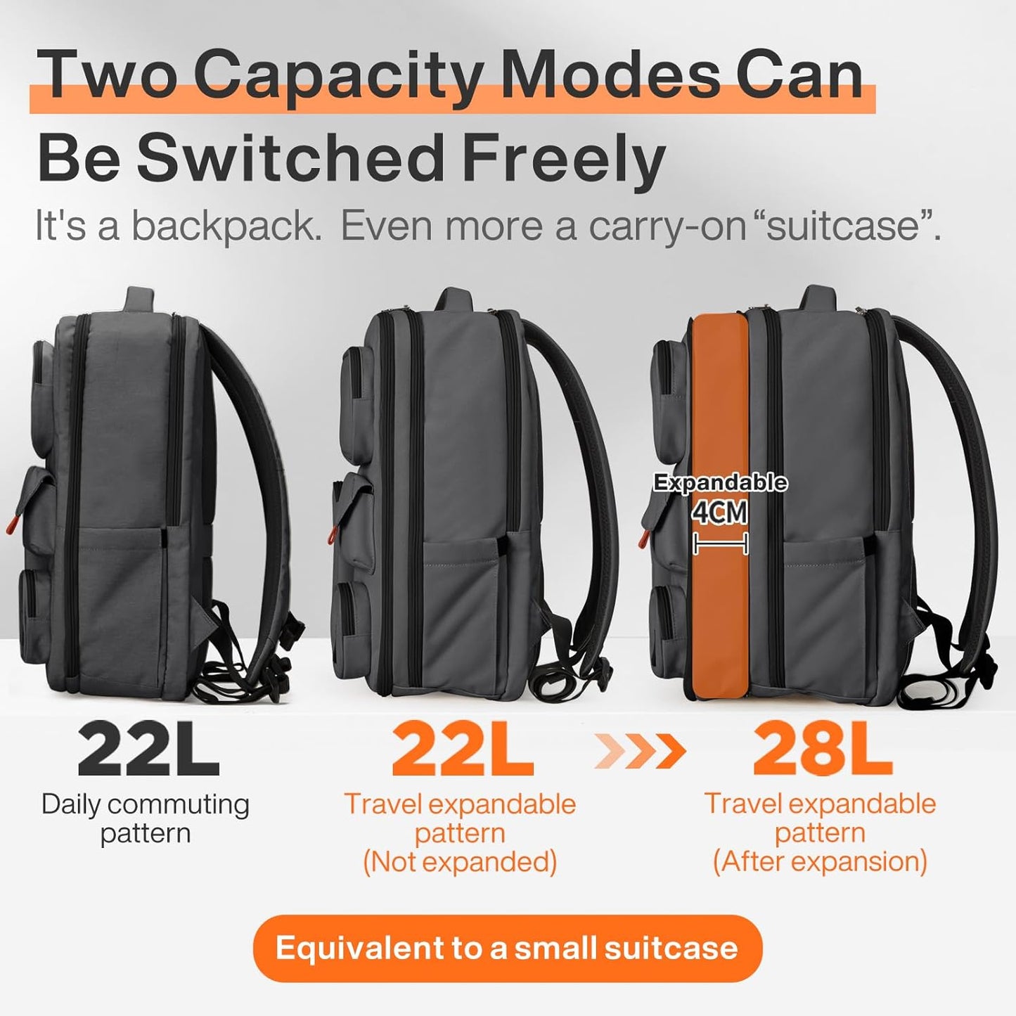 mixi Large Capacity Expandable Travel Backpack for Women & Men 15.6'' Laptop Carry On Weekender Bag Outdoor Hiking with Multifunction Pockets 180° Open Water Resistant 18 Inch 28L, Rock Gray
