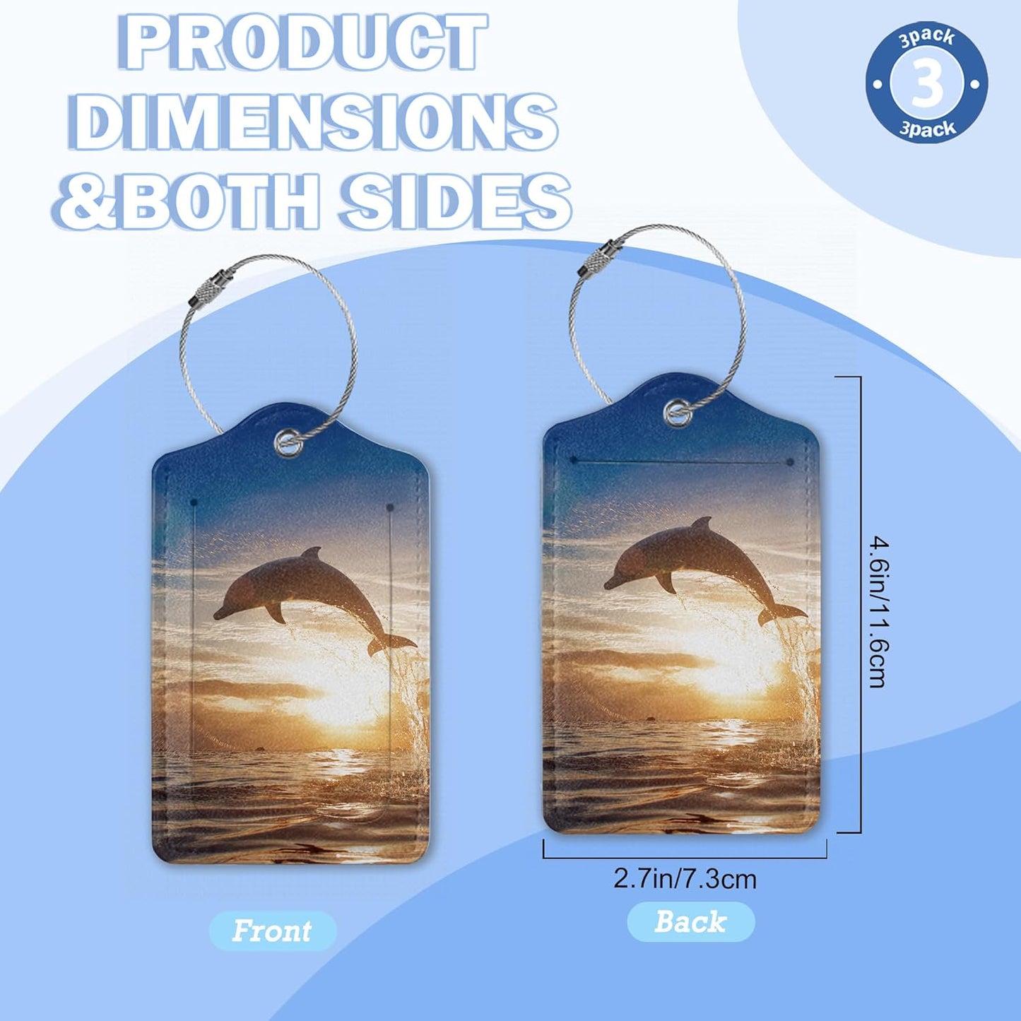 Sea Turtle Dolphin Starfish 3 Pack PU Leahter Luggage Tag,Marine Animal Leather Suitcase Tags with Privacy Cover Name Address Labels and Metal Ring,Quickly Spot for Bags