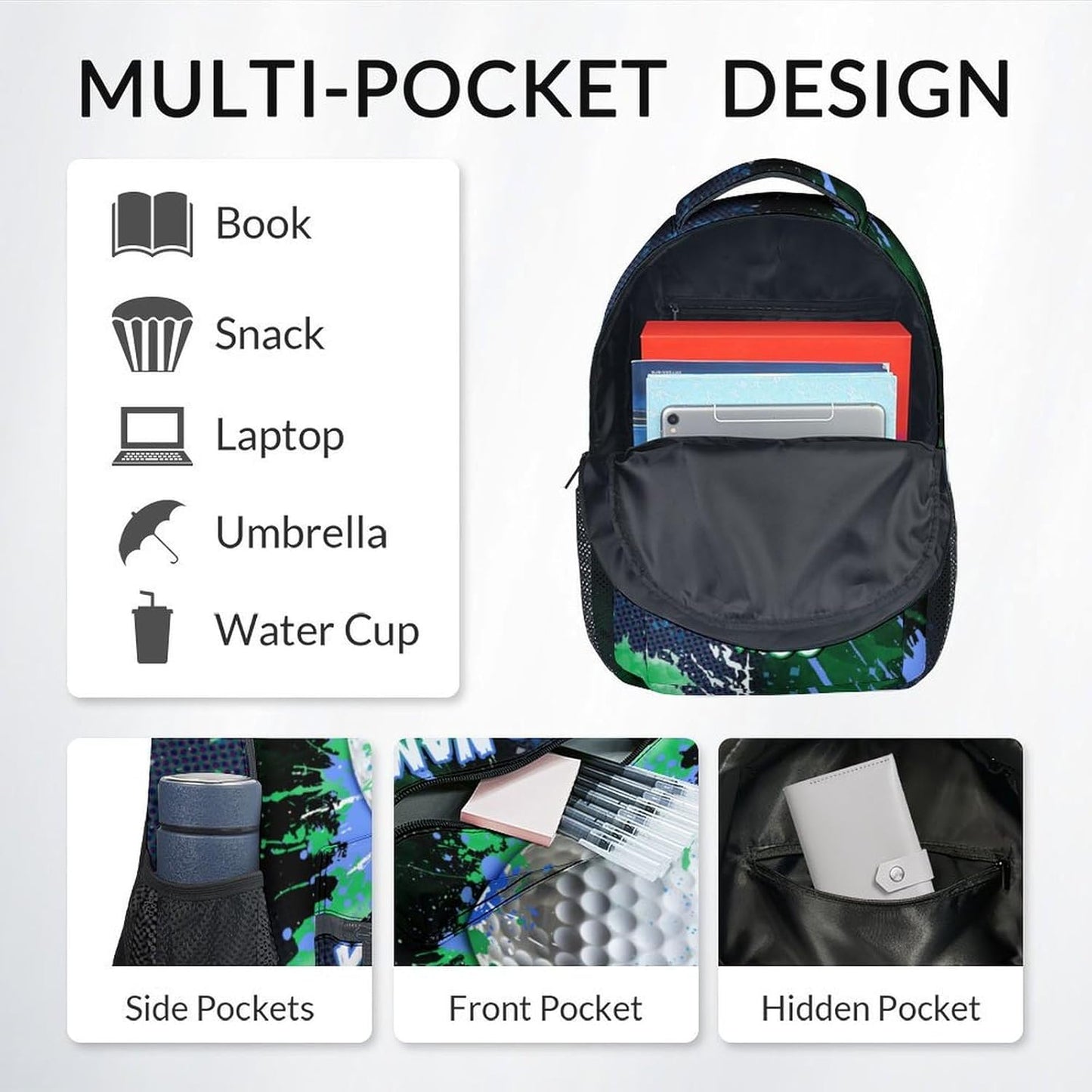 COZYAURA Kids' Backpacks - Personalized Golf Backpack Set for Boys Girls - Sports Bookbag for Elementary Middle School - Cool Ball School Bag with Lunch Bag & Pencil Case