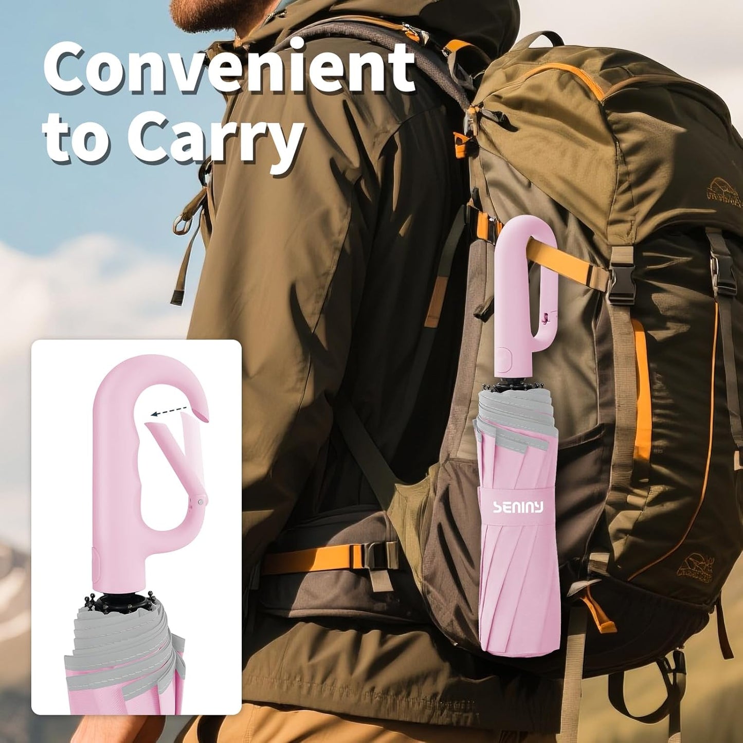 Seniny Travel Umbrella with Carabiner Handle, Windproof Large Umbrellas for Rain with Dual-Rib Structure, Portable Compact Umbrella with Reflective Strip, Car Backpack UV Umbrellas for Sun Protection