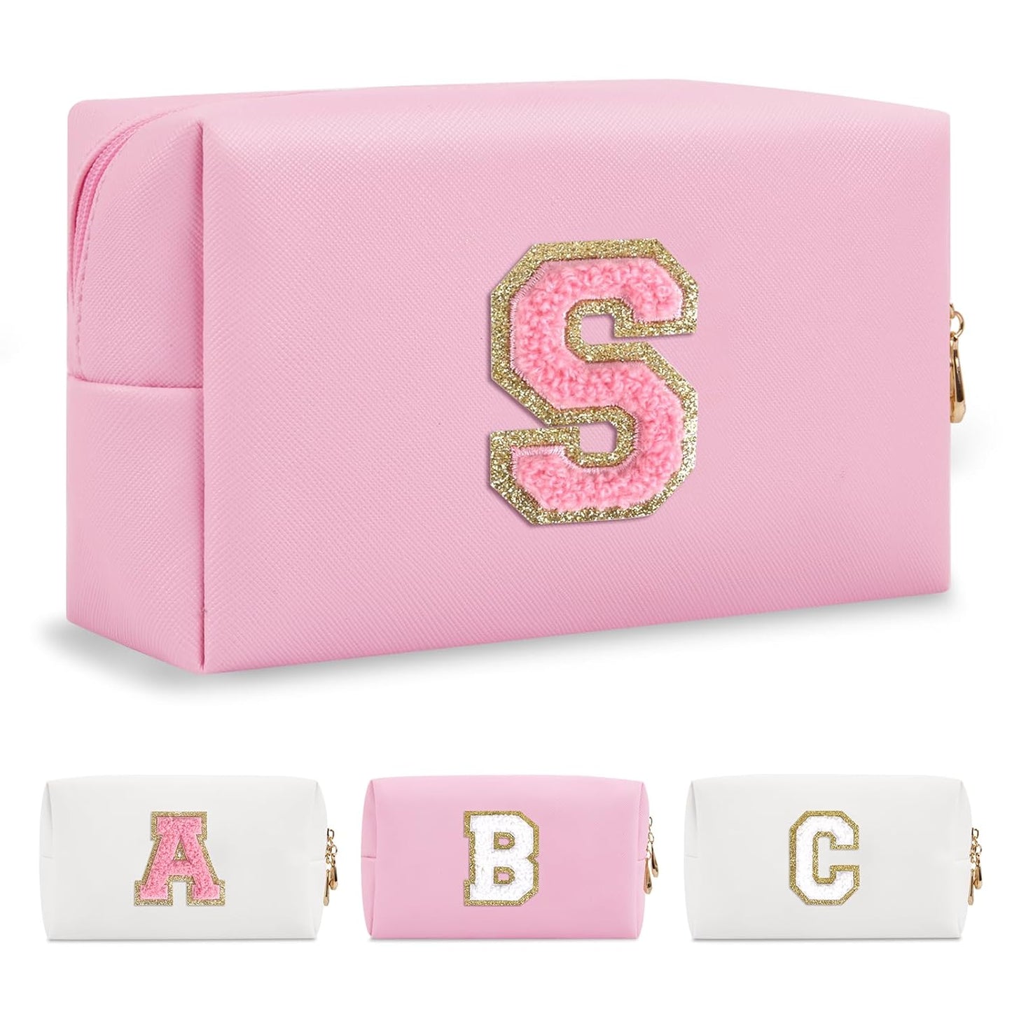 Personalized Initial A-Z Preppy Patch Makeup Bag,Small PU Leather Chenille Letter Cosmetic Bag with