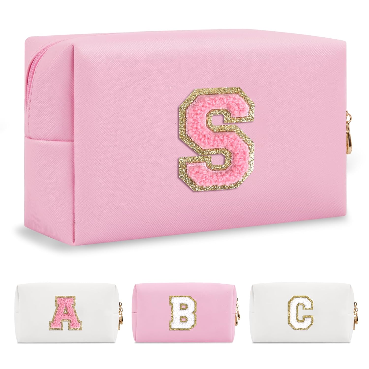 Personalized Initial A-Z Preppy Patch Makeup Bag,Small PU Leather Chenille Letter Cosmetic Bag with