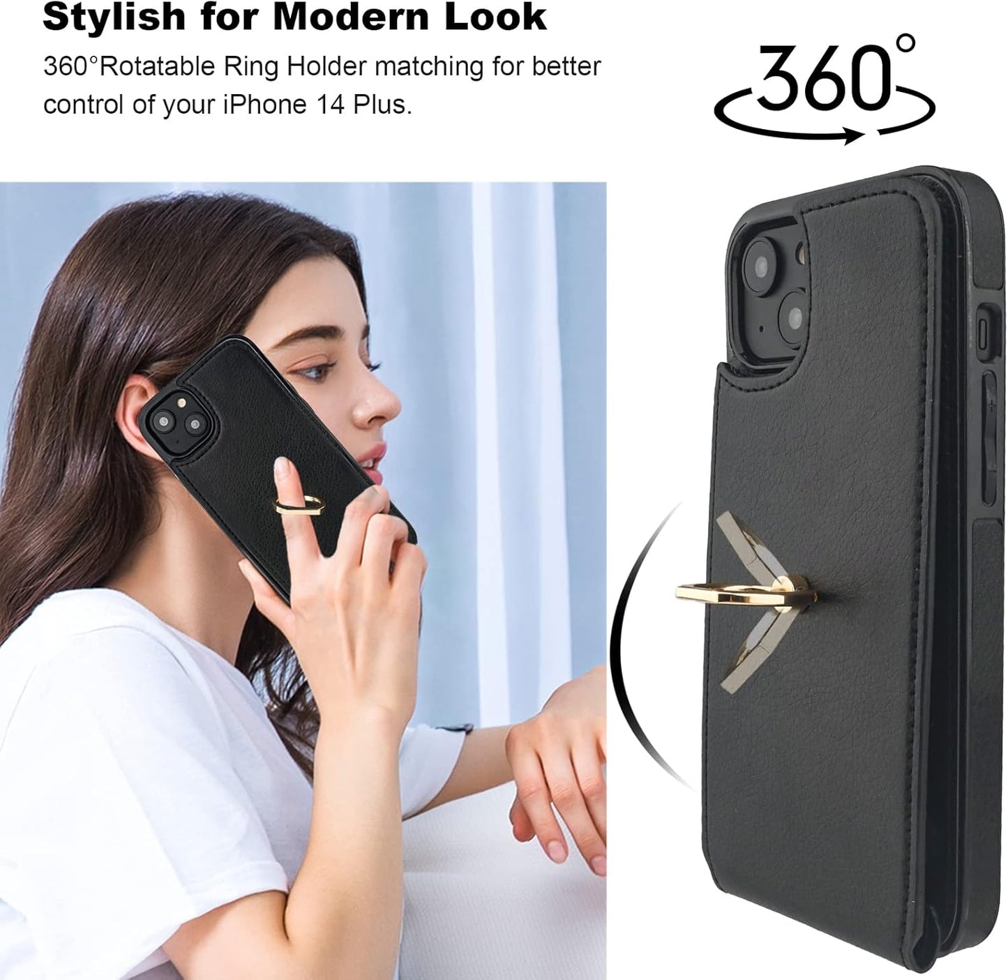 Folosu Compatible with iPhone 14 Plus Case Wallet with Card Holder, 360°Rotation Finger Ring Holder Kickstand, RFID Blocking Leather Protective Double Buttons Shockproof Cover 6.7 Inch Black