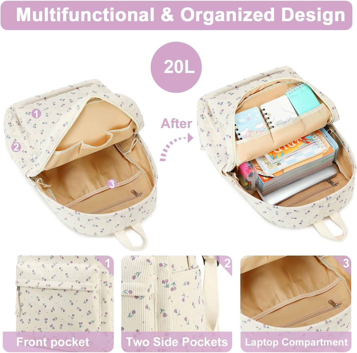 School Backpack for Teen Girls Bookbags Elementary High School Corduroy Laptop Bags Women Travel Daypacks