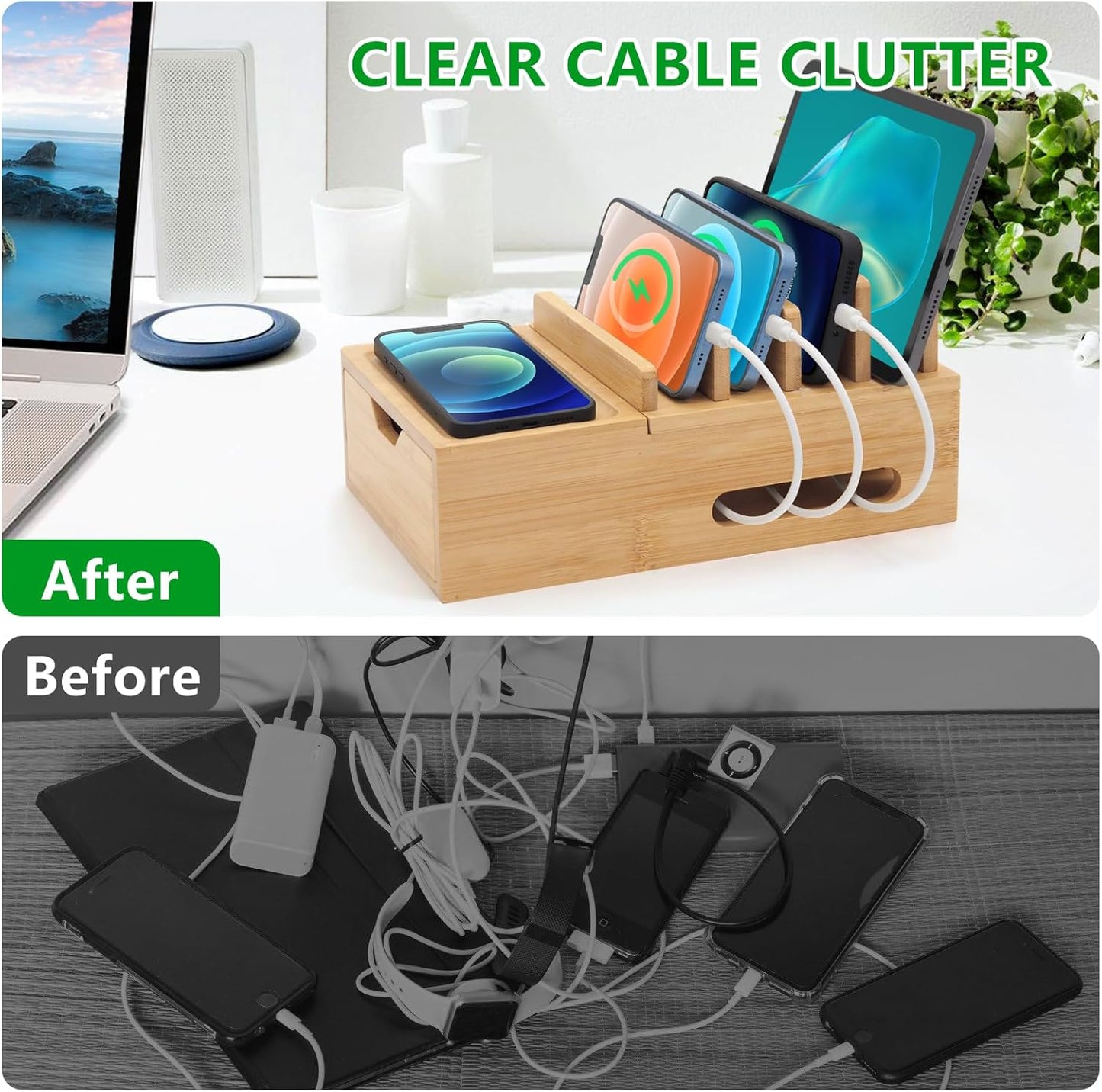 Bamboo Charging Station for Multiple Devices, Desktop Charger Organizer with Tray& Drawer, Wooden