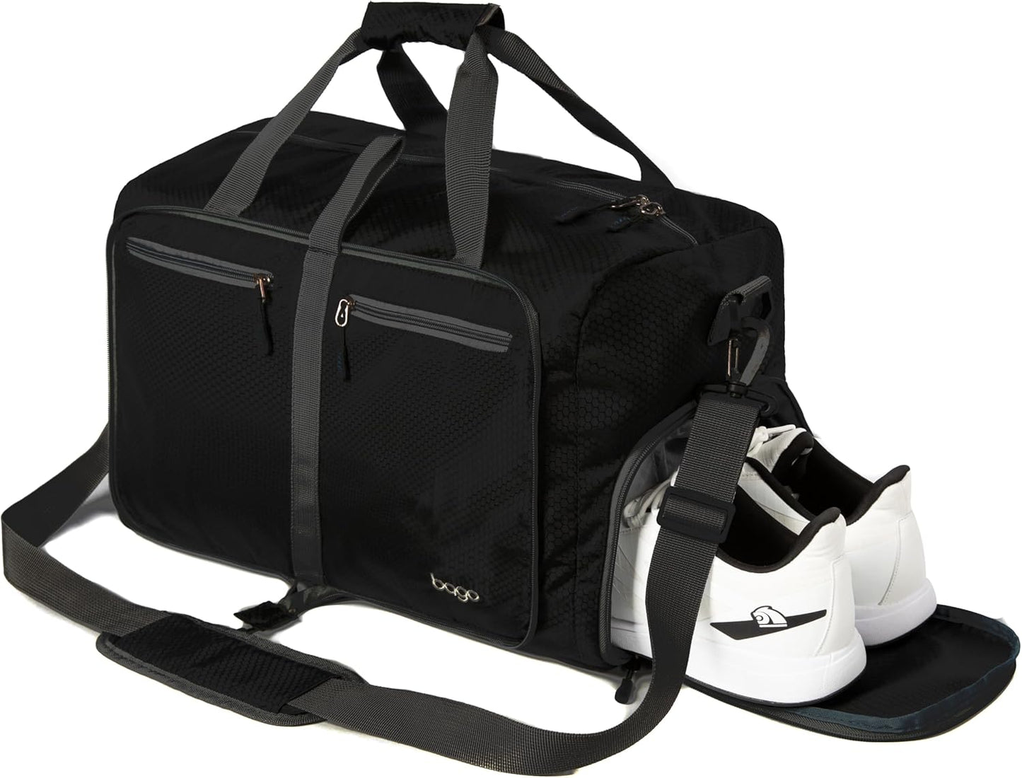 Bago Foldable Duffel Bags for Traveling Women & Men - 60L Medium Packable Duffle Bag for Travel with Shoe Compartment - Water Repellant, Heavy Duty, Lightweight Folding & Collapsible (All Black)