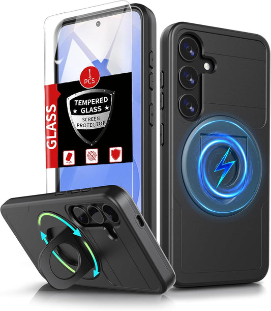 for Samsung Galaxy S25 Plus Case Magnetic Compatible with MagSafe Wireless Charging,with Screen Protector,for S25+Plus Case with Stand Ring Anti-Scratch Shockproof Heavy Duty Protection Black