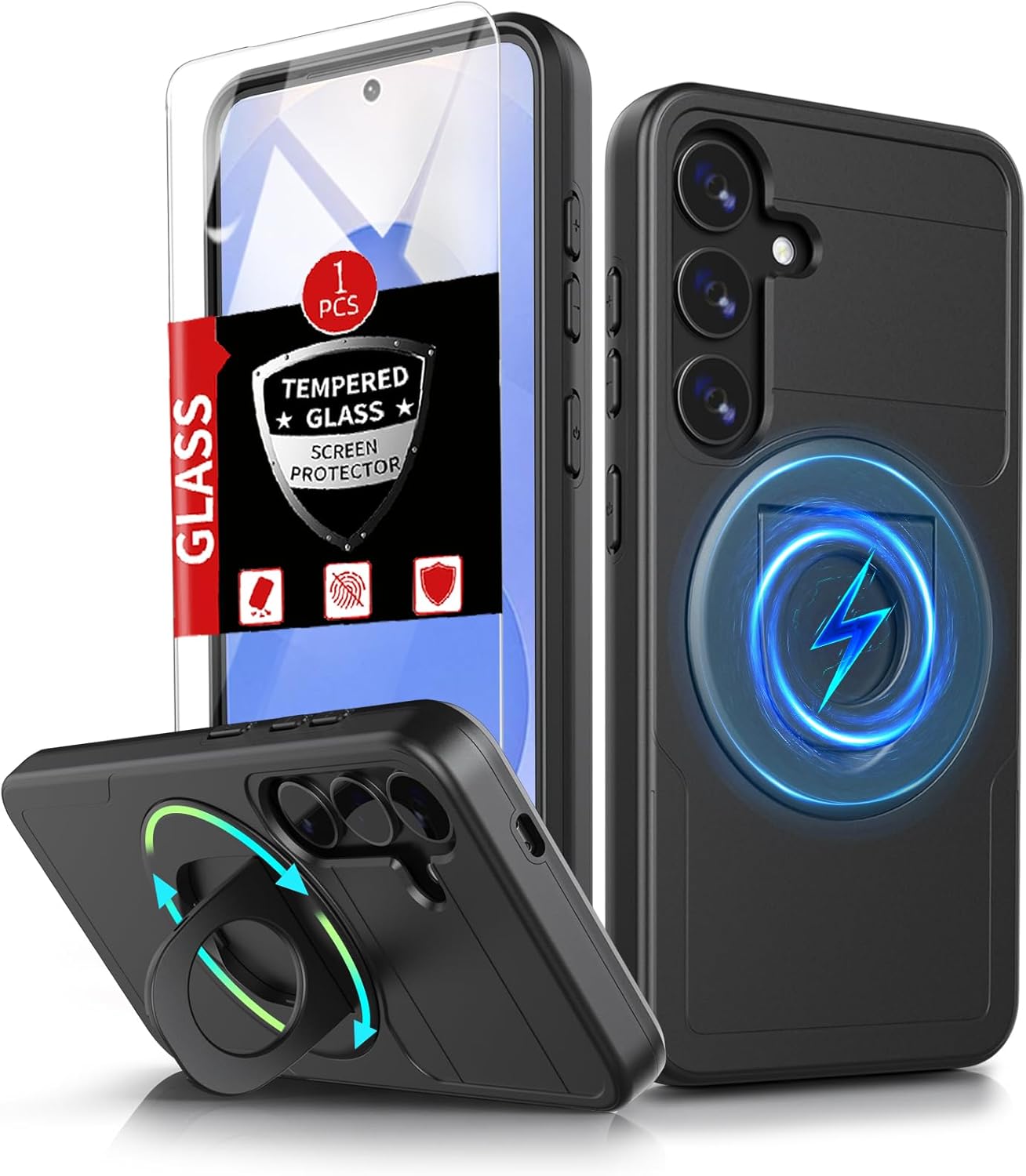 for Samsung Galaxy S25 Case Magnetic Compatible with MagSafe Wireless Charging,with Screen Protector,for S25 Phone Case with Kickstand Ring Anti-Scratch Shockproof Heavy Duty Protection Black