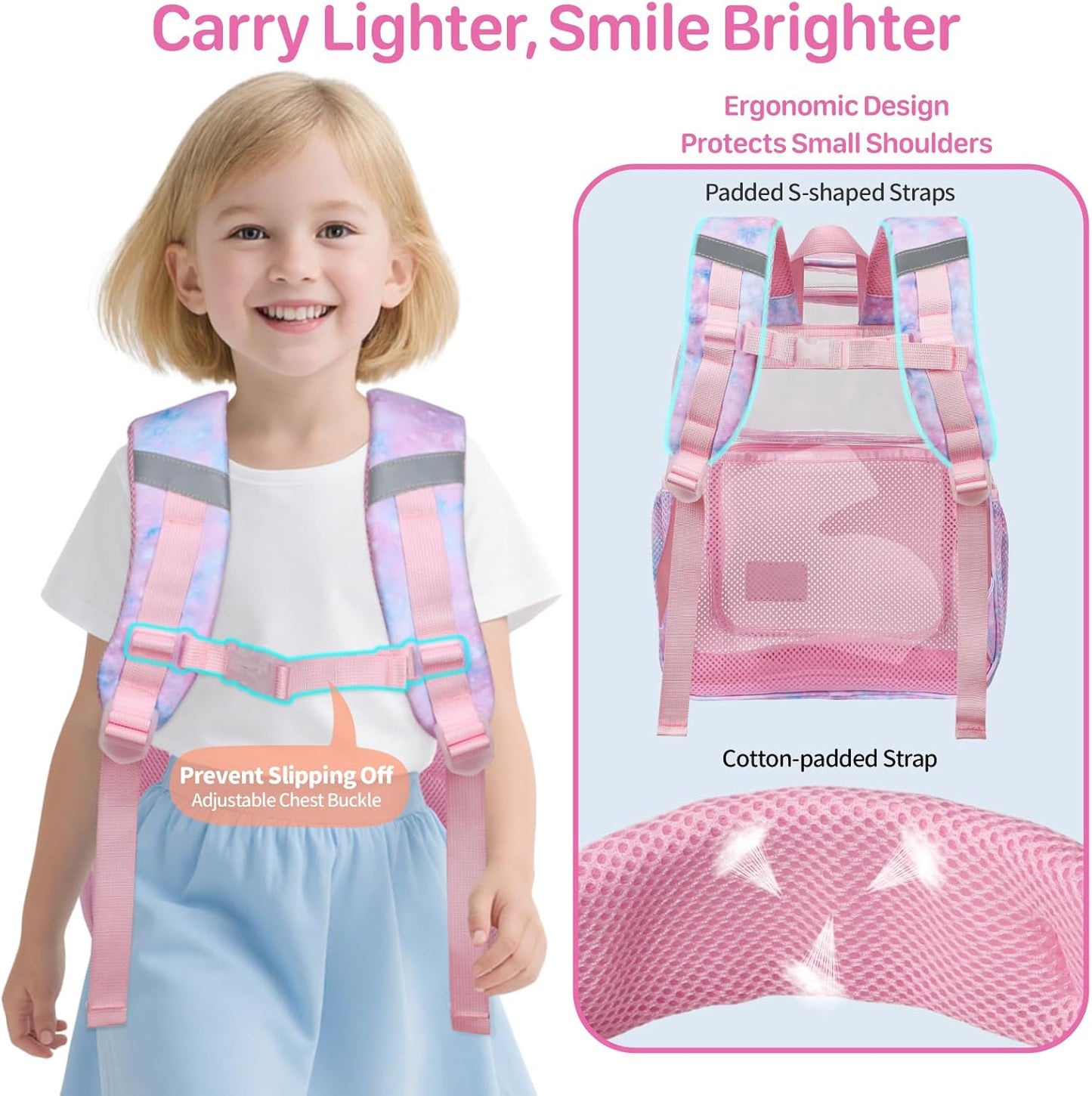 Bagseri Clear Backpack for Girls - 15 Inch Clear Bookbag for Kids Aged 3 to 8 Heavy Duty Transparent Backpack for School, Cute See Through Bag with Reflective Strip, Pink Tie-dye