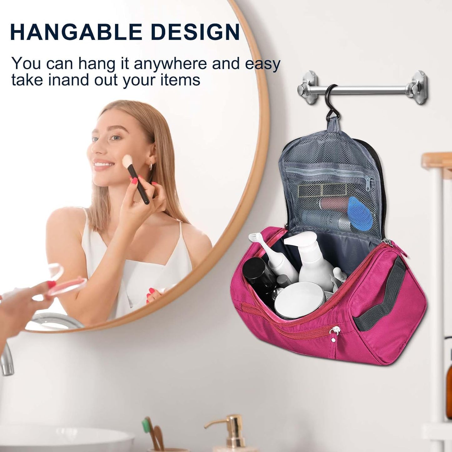 Hanging Toiletry Bag for Women and Men Traveling Makeup Large Capacity Cosmetics Portable Dopp Kit Storage Organizer Bag with Hanging Hook for Toiletries Brushes Shaving Tools (Red)