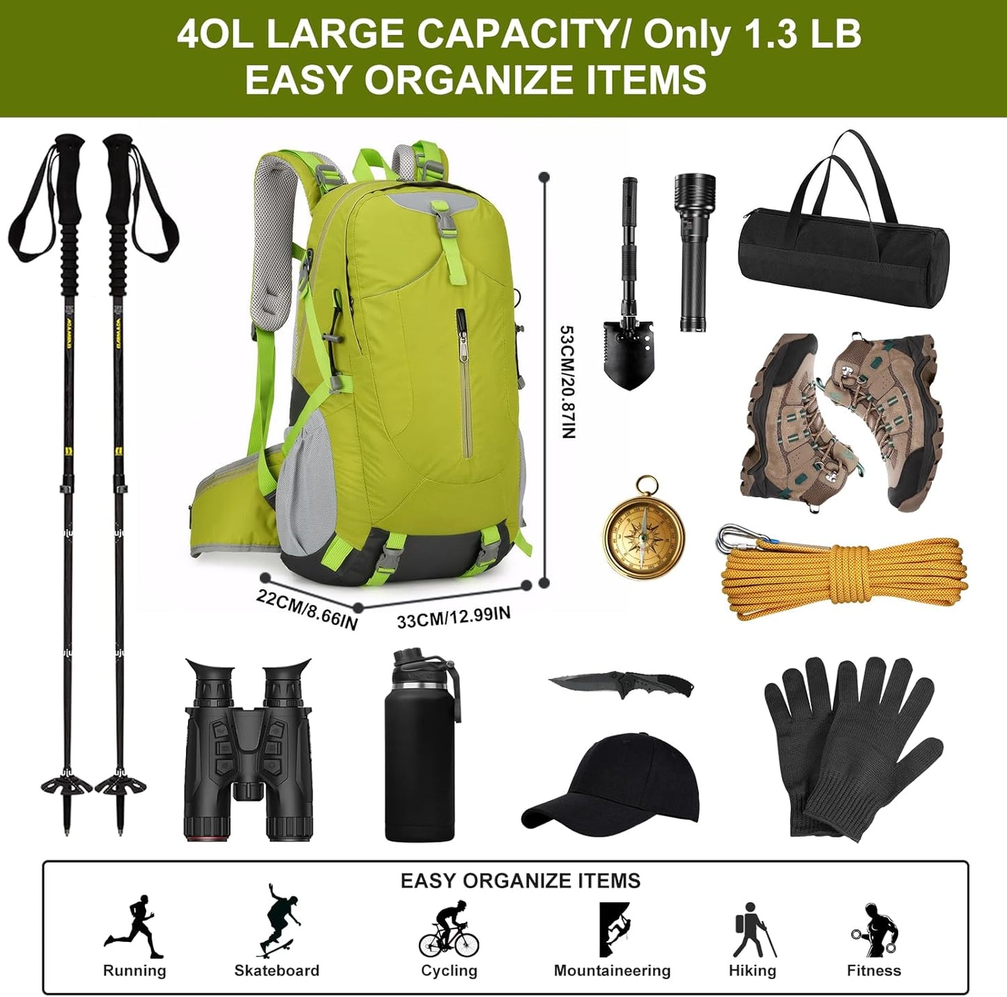 Long Keeper 40L Hiking Backpack with Rain Cover Waterproof Lightweight Camping Backpack for Men Women Outdoor Travel Daypack