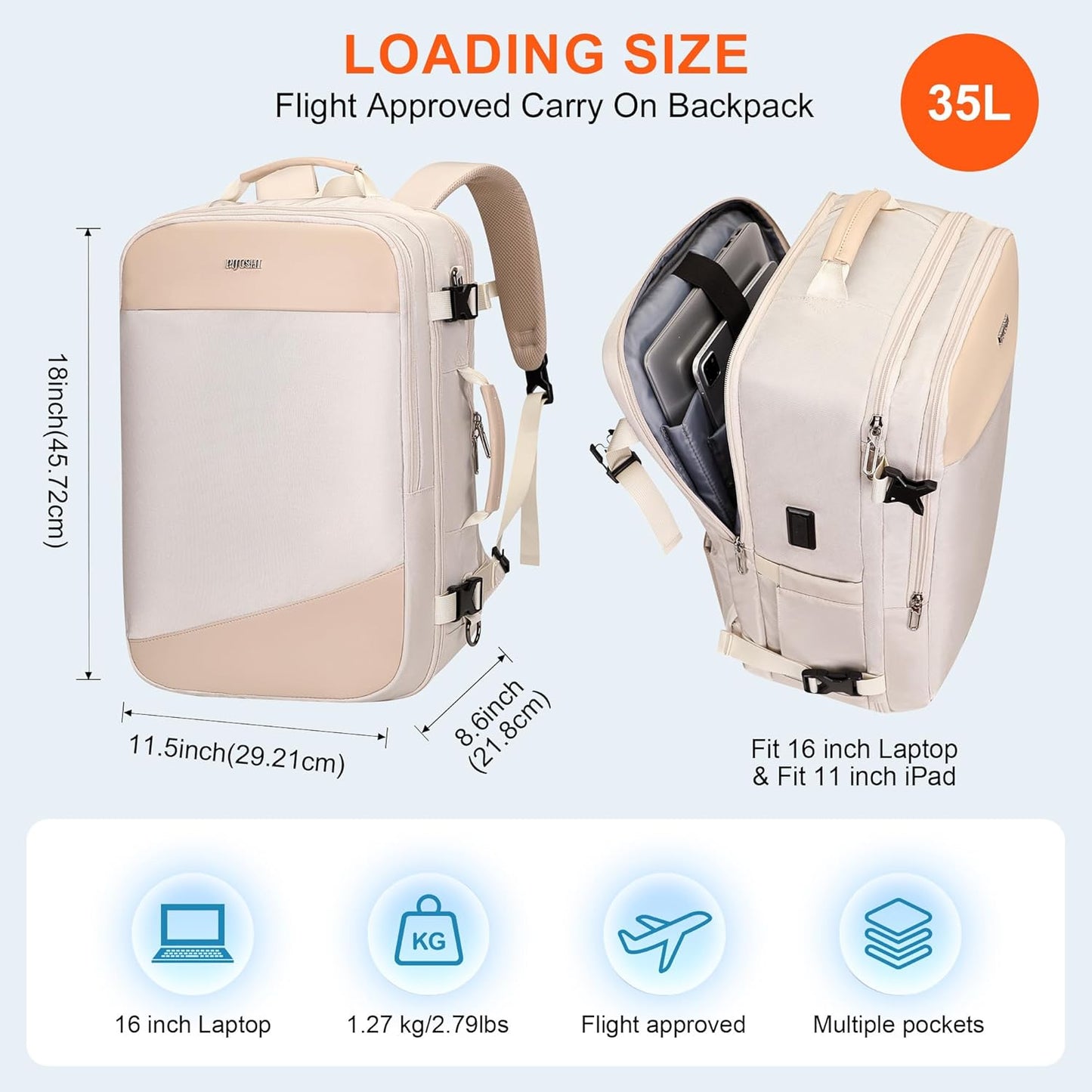 PIJUSHI Travel Backpack for Women Carry on Suitcase Backpack Flight Approved Personal Item Bag Fits 16 Inch Laptop(PE035 Beige)