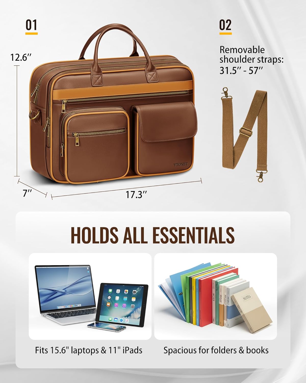 Ytonet Leather Messenger Bag for Men, 15.6 In Vintage Briefcase with Padded Laptop Compartment, Large Satchel Bags Laptop Bag for Mens, Waterproof Computer Bags for Work Office Business Travel, Brown