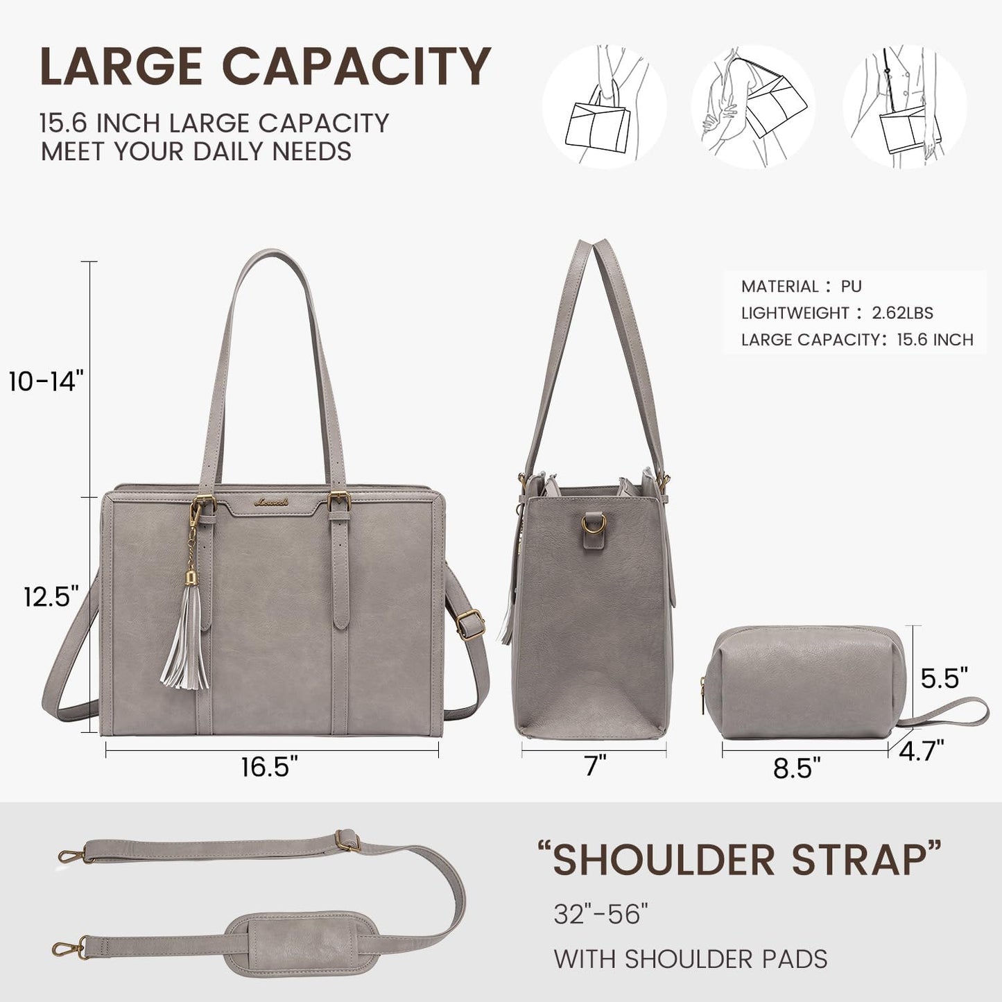 LOVEVOOK Laptop Bag for Women Vintage Leather Laptop Tote 15.6 inch Large Capacity Computer bag with Clutch Purse for Work