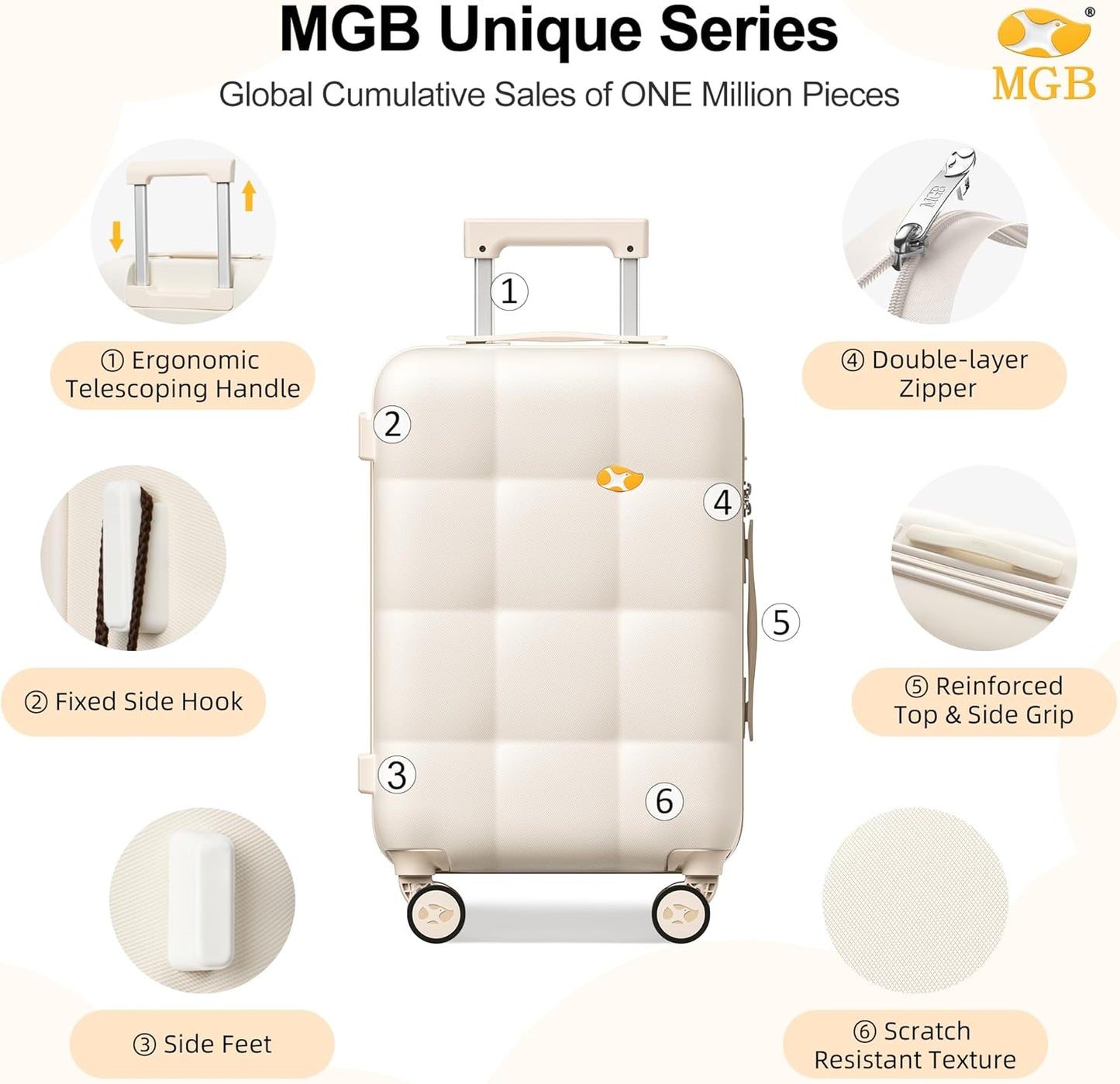 MGB 28 Inch Luggage, Hardside Checked Suitcase with Spinner Wheels, Lightweight PC Hard Shell Travel Luggage, TSA Approved Lock, Large Suitcase for Business & Travel–Cream