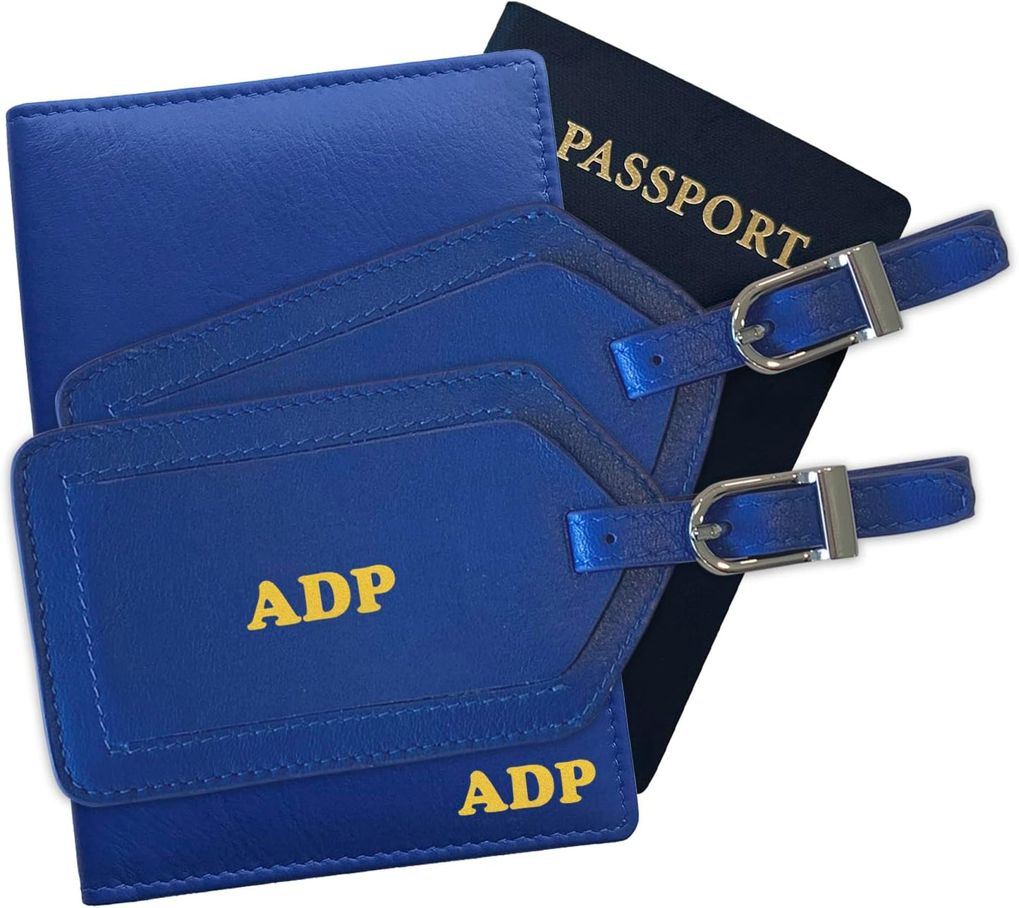 Personalized Monogrammed Cobalt Blue Leather RFID Passport Wallet and 2 Luggage Tags