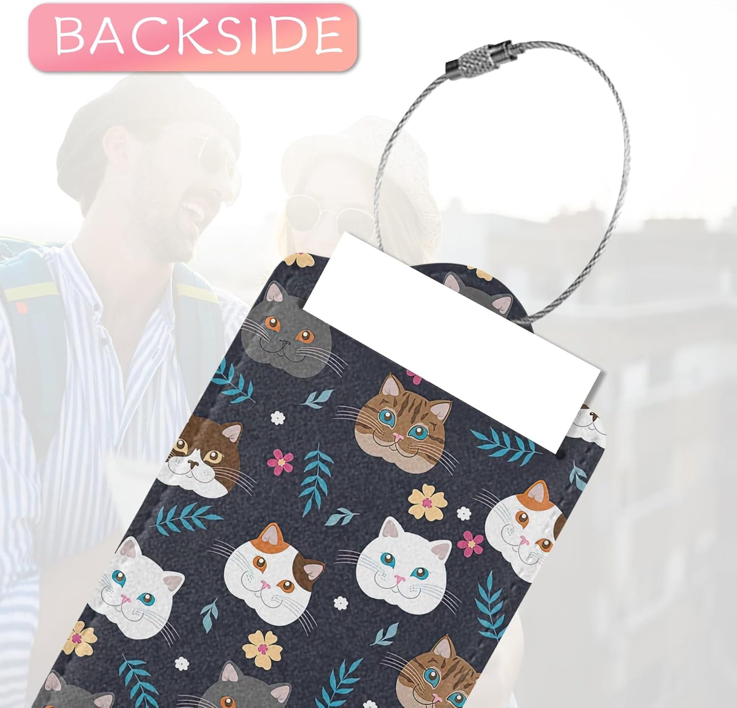 Luggage Tags for Suitcases, 2 Pack Cute Cats Luggage Tag, Leather Stainless Steel Loop Label Tag for Men Travel Bag Suitcase