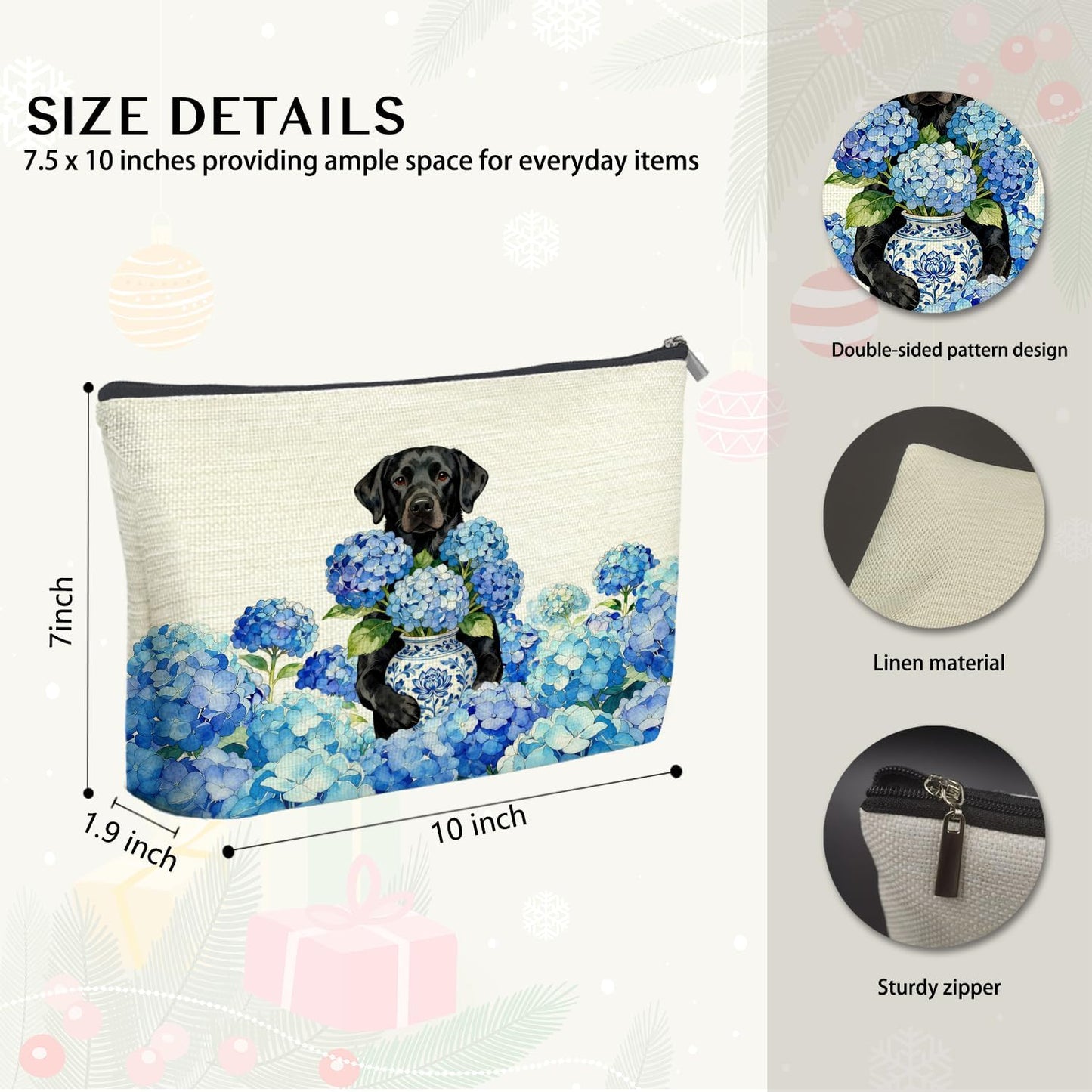 Blue Chinoiserie Hydrangea Labrador Retriever Makeup Bag Gifts for Women, Black Labrador Themed Gifts Cosmetic Bag, Grandmillennial Floral Dog Zipper Makeup Pouch Travel Toiletry Bag