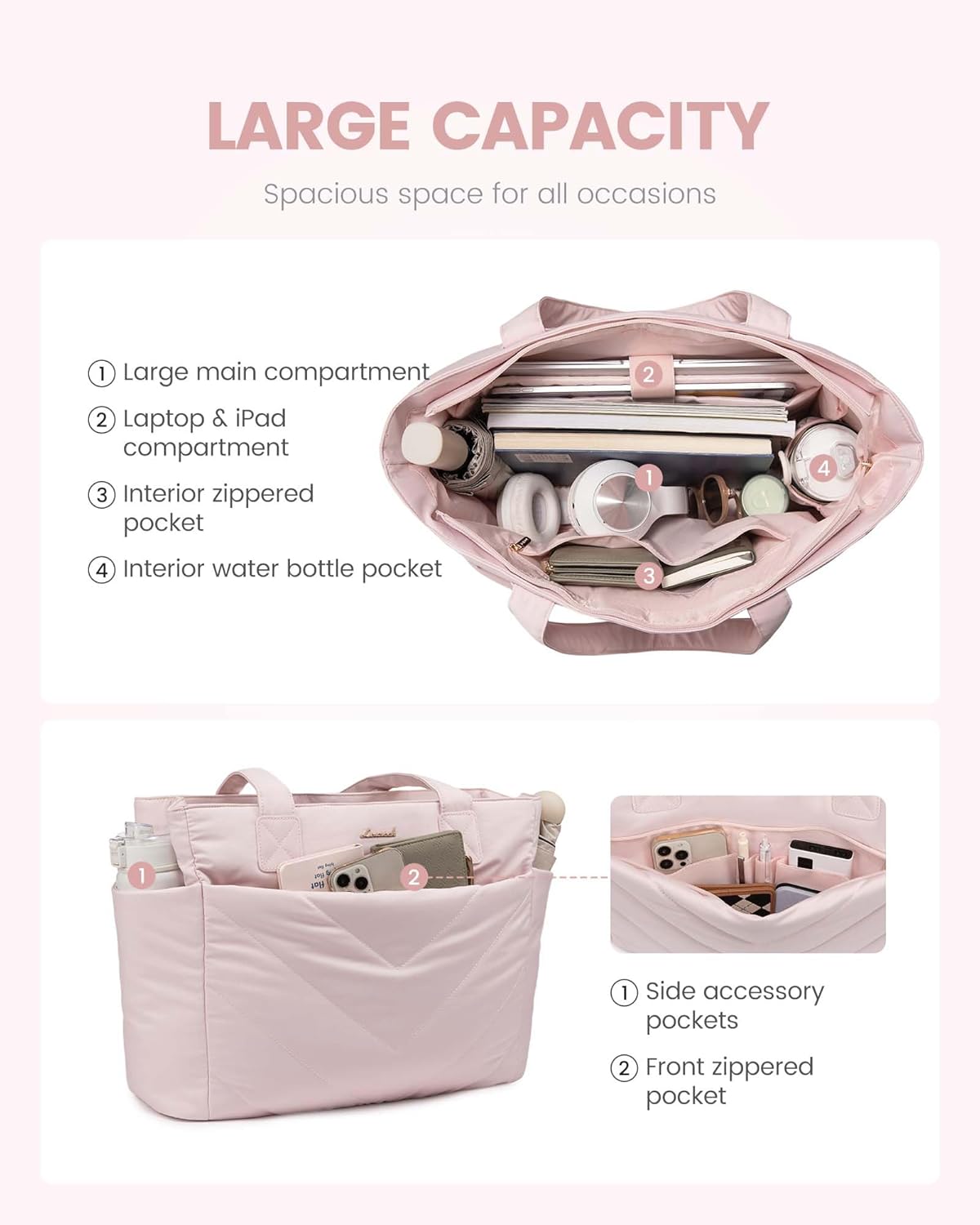 LOVEVOOK Tote Bag for Women, Puffer Work Travel Handbag with Zipper for Teacher Nurse, Quilted Cute Laptop Shoulder Gym Bag