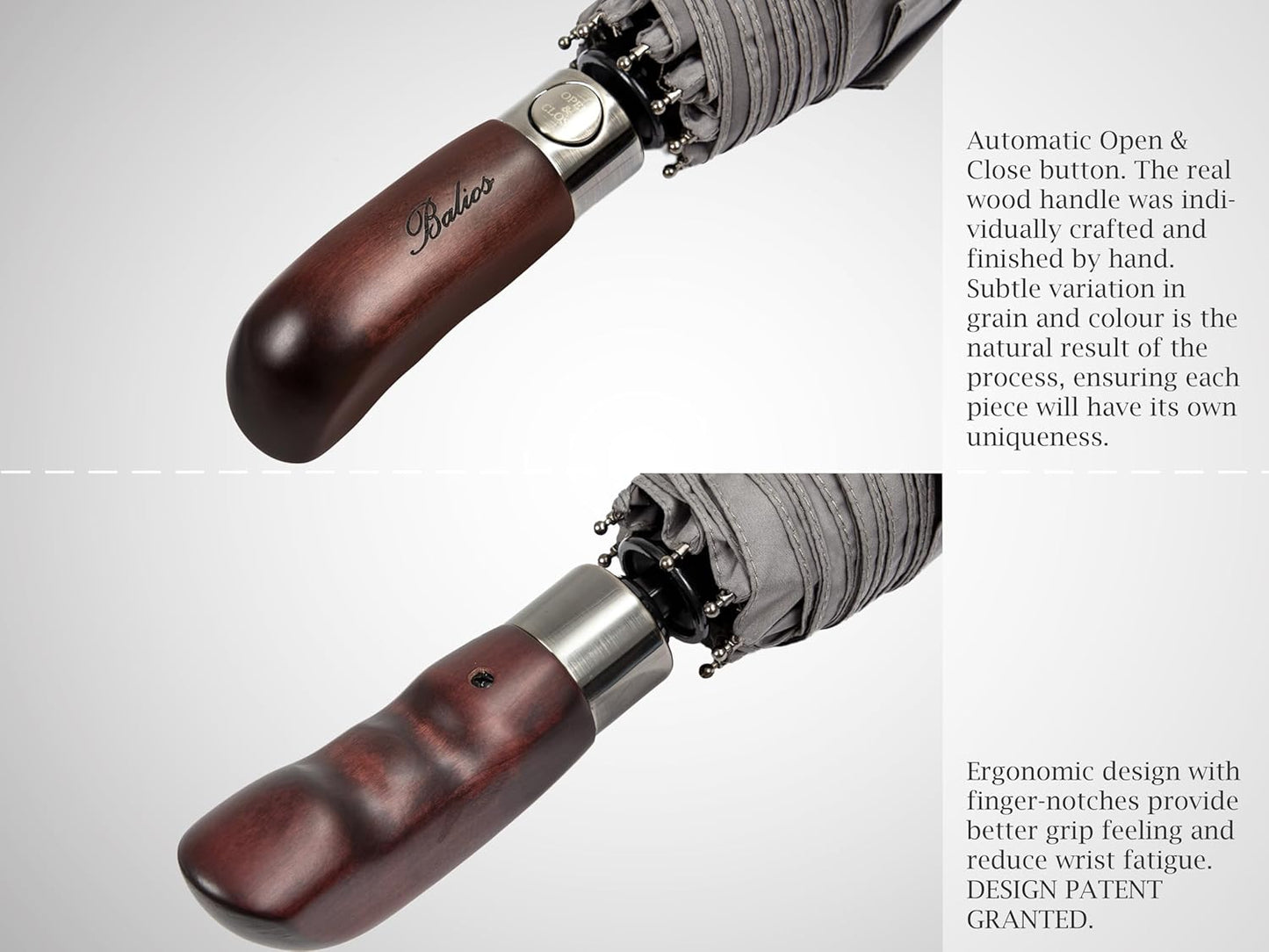 Balios Travel Folding Umbrella with Real Wood Handle Auto Open Close Vented Windproof Canopy - Designed in UK
