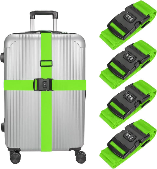 MECCANIXITY Luggage Straps with Combination Lock Adjustable Suitcase Belt Strap for Suitcase Briefcase Backpack Travel, Fluorescent Green, Pack of 4