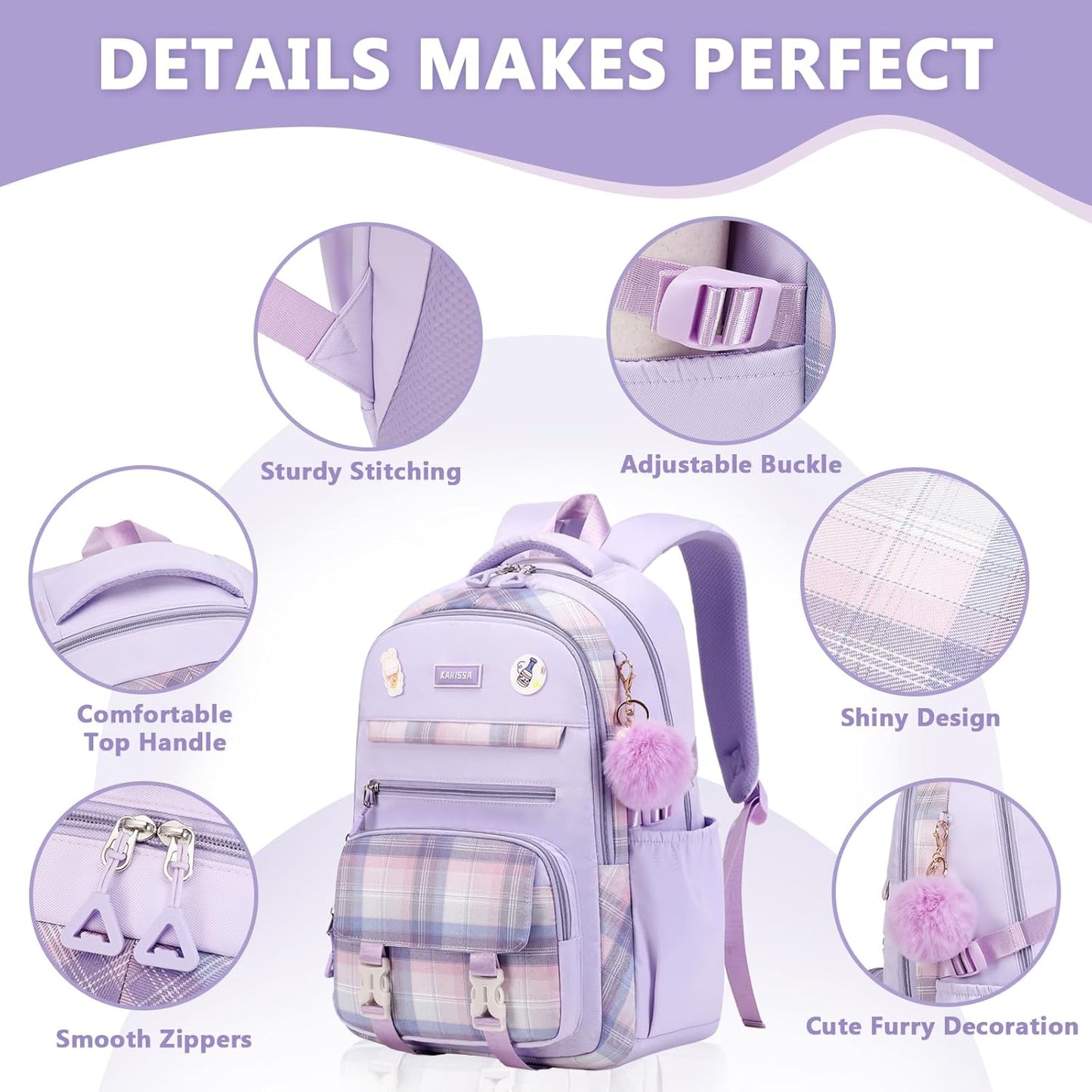 Girls Backpack for School, Kawaii Bookbag for Teen Multiple Pockets Kids Backpack for Primary