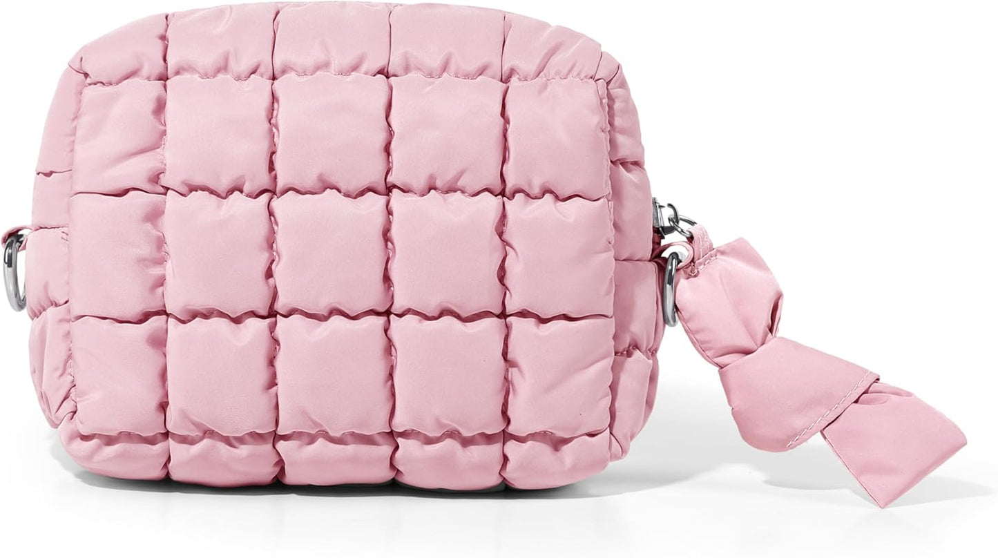 Yarnic Quilted Makeup Bag Cosmetic Bag, Quilt Cosmetic Pouch Puffy Travel Toiletry Bags for Women, Cute Makeup Bag Organizer Soft Puffer Makeup Pouchs (S, Pink)