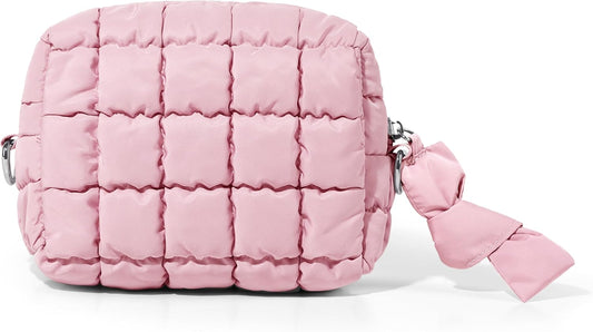 Yarnic Quilted Makeup Bag Cosmetic Bag, Quilt Cosmetic Pouch Puffy Travel Toiletry Bags for Women, Cute Makeup Bag Organizer Soft Puffer Makeup Pouchs (S, Pink)