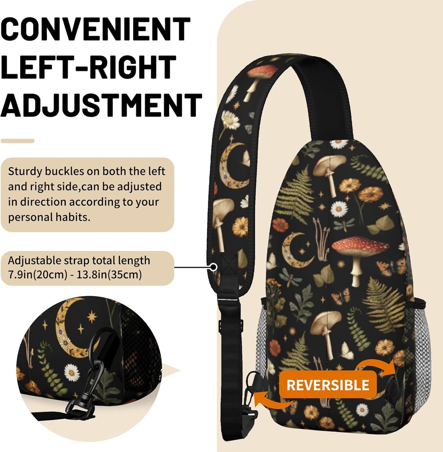 Black Mushroom Plant Sling Bag Crossbody Chest Bag for Women Men, Water Resistant Lightweight