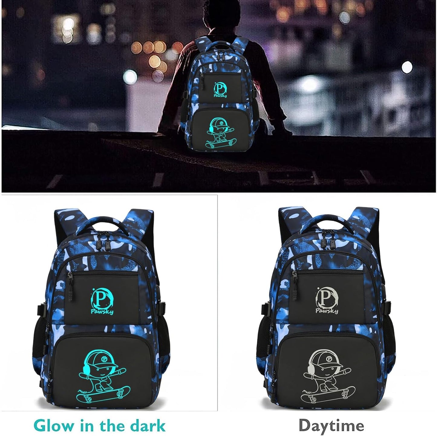 School Backpack for Boys, Waterproof Laptop Backpack with USB Charging Port, Anime Cartoon Luminous Backpack Lightweight Kids Bookbag for Teen Boys