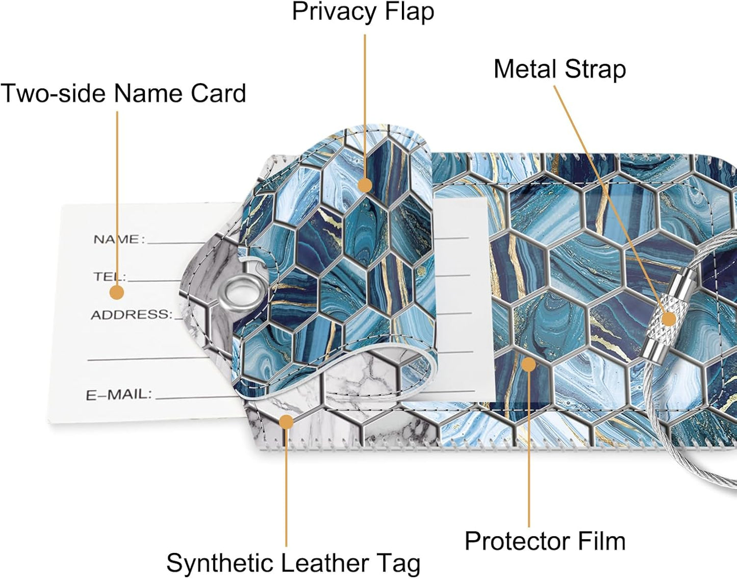 Fintie Luggage Tags, Privacy Cover ID Label with Stainless Steel Loop and Address Card for Travel Bag Suitcase, Agate Hexagons (2 Piece)