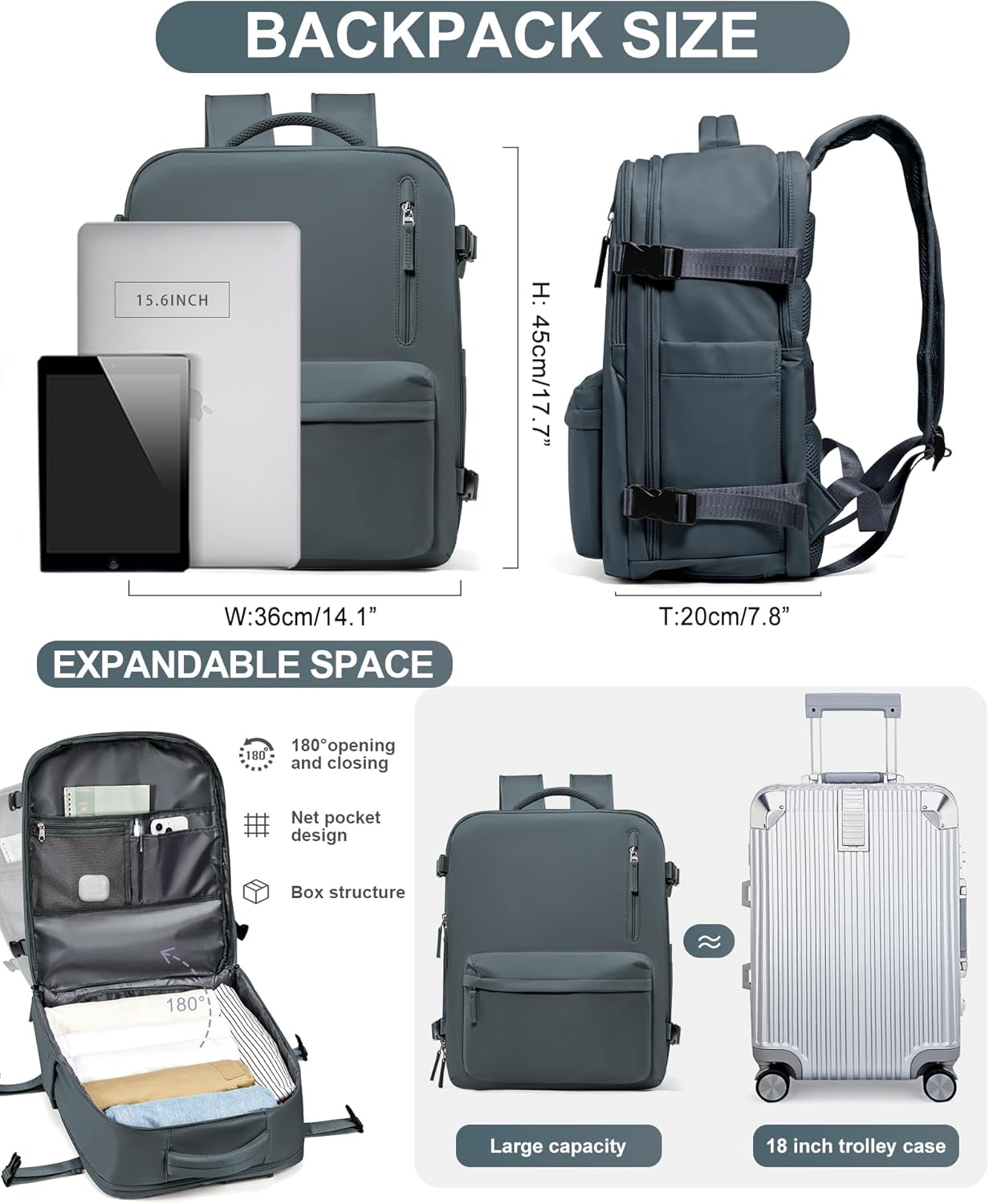 WONHOX Large Travel Backpack Carry on Flight Approved Laptop Work Business Backpack for Women Men