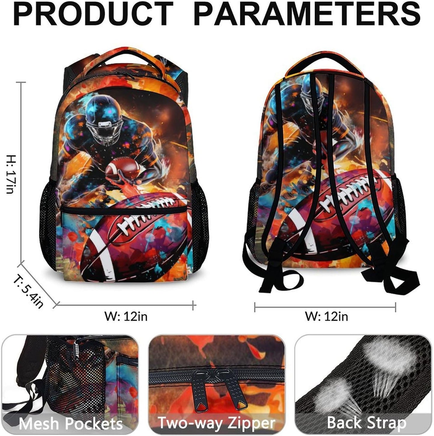 Football School Backpack for Boys, Football Backpacks for Kids Students Age 6-18, Kids Bookbag for Primary, Middle High School, 17 Inch Large Capacity Schoolbag Supplies Gifts